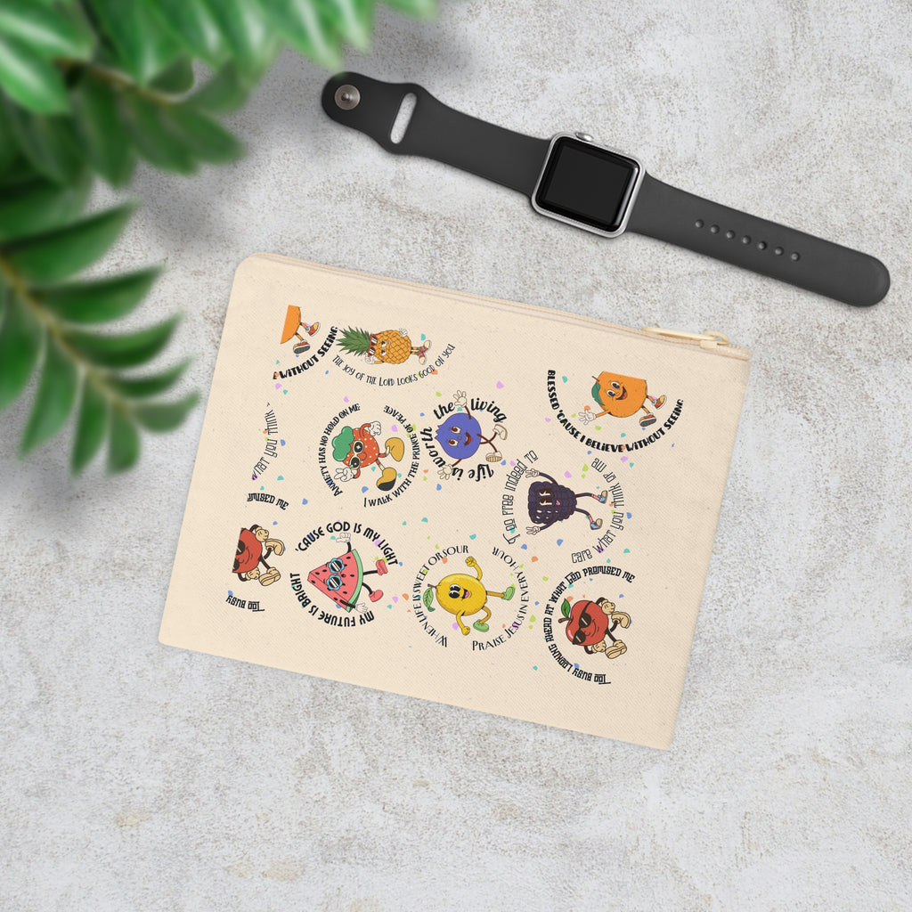 Fruit Friends Zipper Pouch — Cute Illustrated Fruit Characters with Positive Sayings
