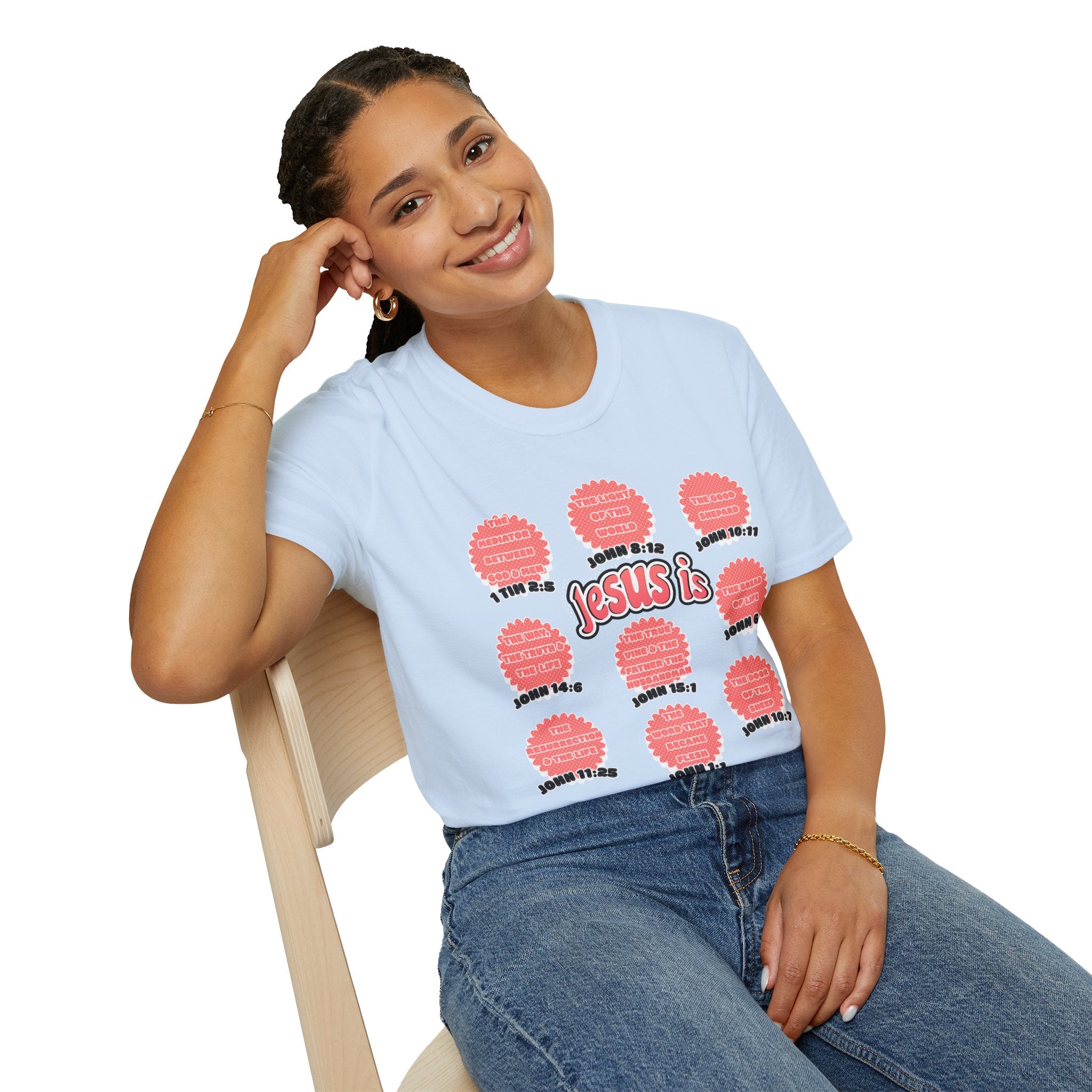 Women's 'Jesus is' T-Shirt — Inspirational Christian Scripture Tee (John 3:16, John 10:27)