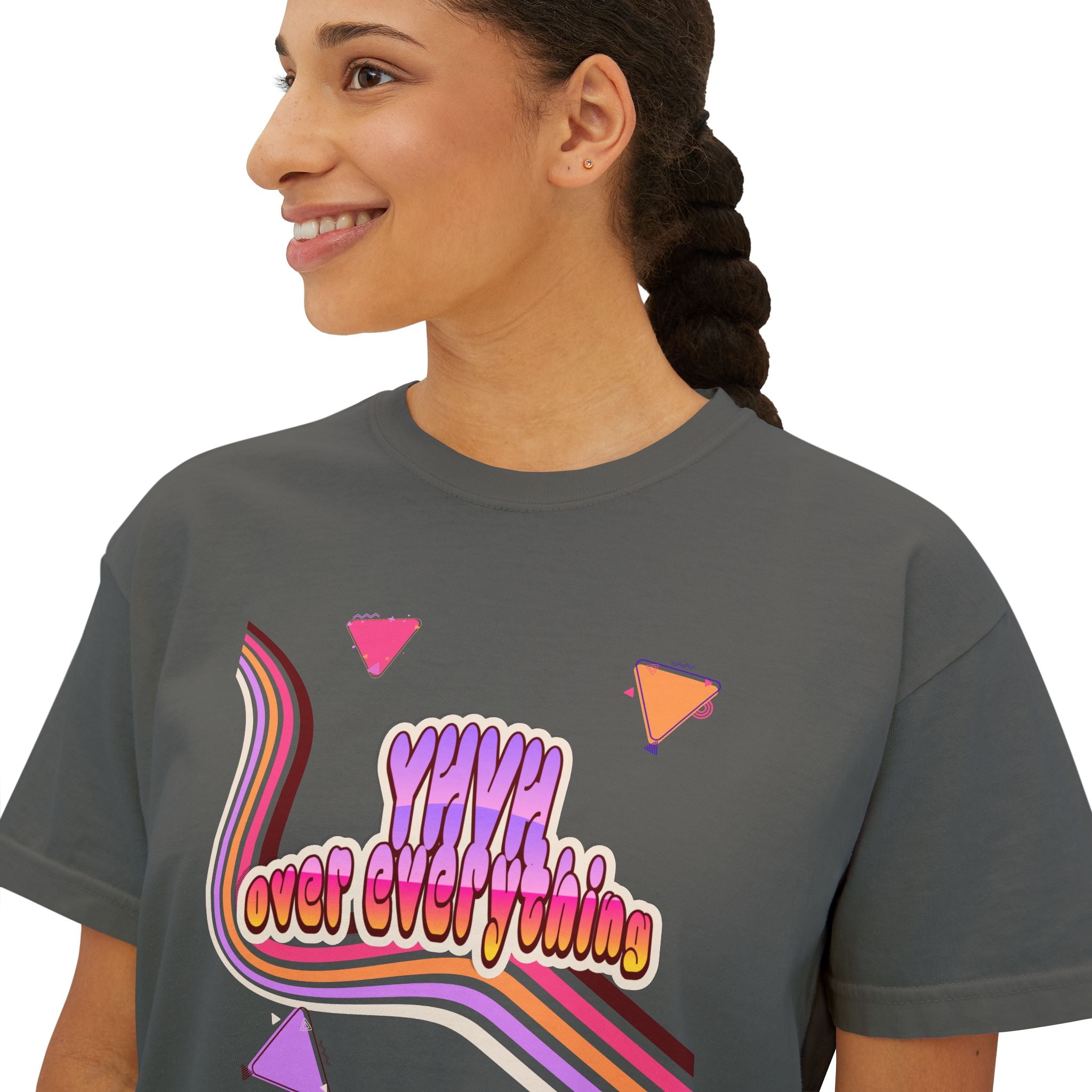 Retro 'YHVH over everything' Boxy Tee — Women's 90s Vibe Graphic T-Shirt