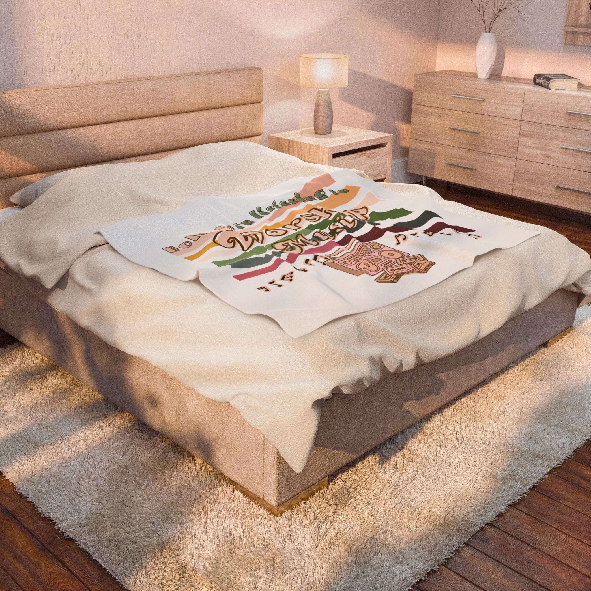 'Hold on, I'm listening to worship Music' Velveteen Plush Blanket – Retro Boombox & Rainbow Stripes
