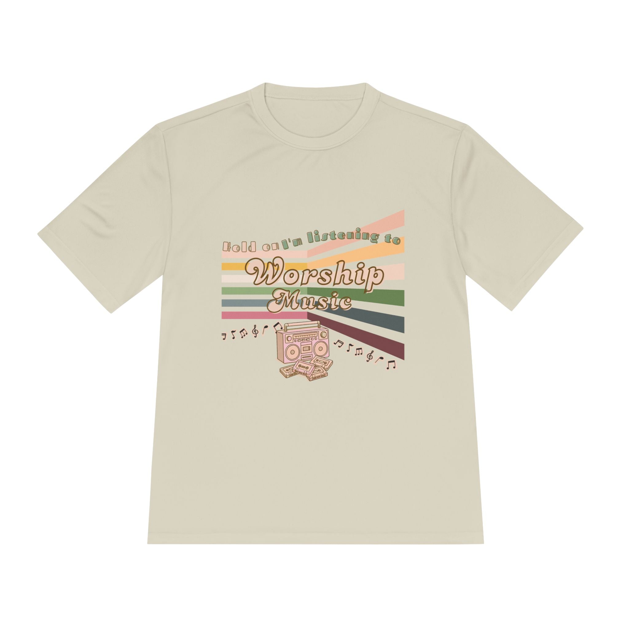 Women's Worship Music Moisture Wicking Tee — Retro Stripes & Speaker Graphic