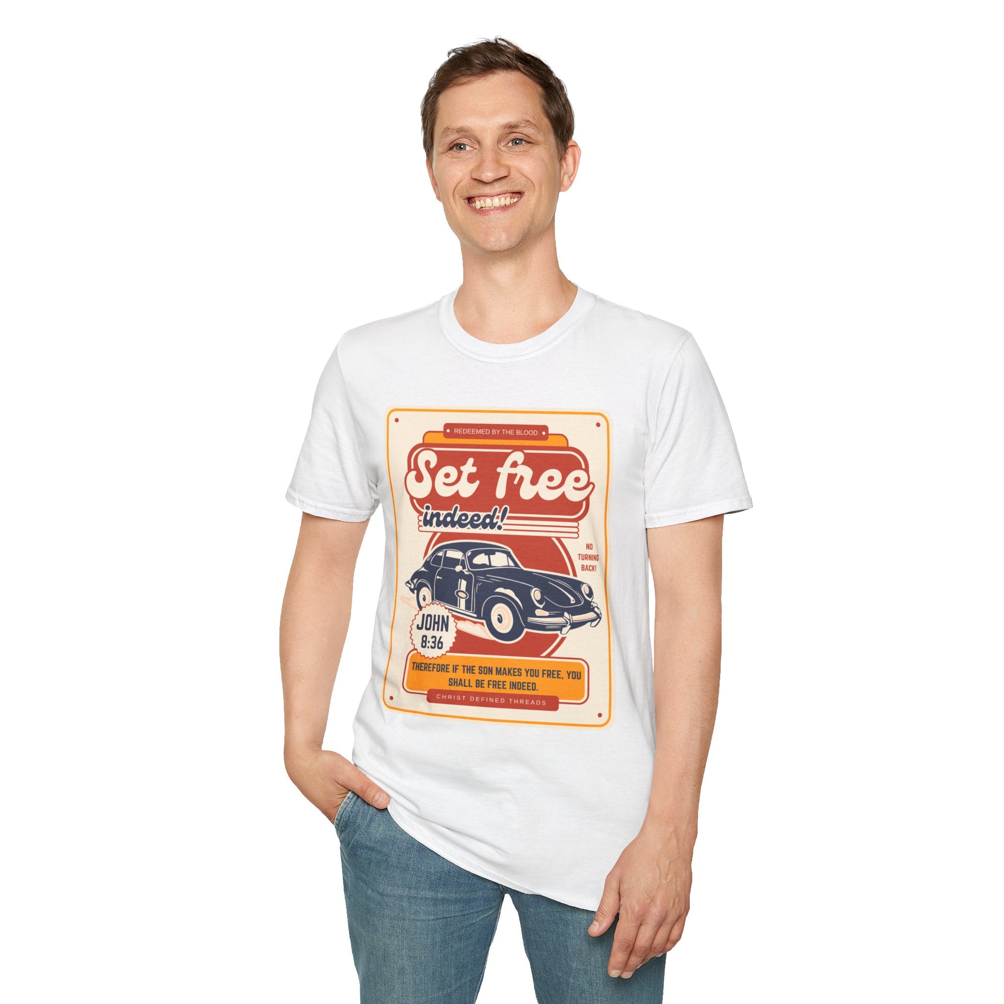 Men's 'Set free Indeed' T‑Shirt — Retro Vintage Car Christian Faith Graphic Tee