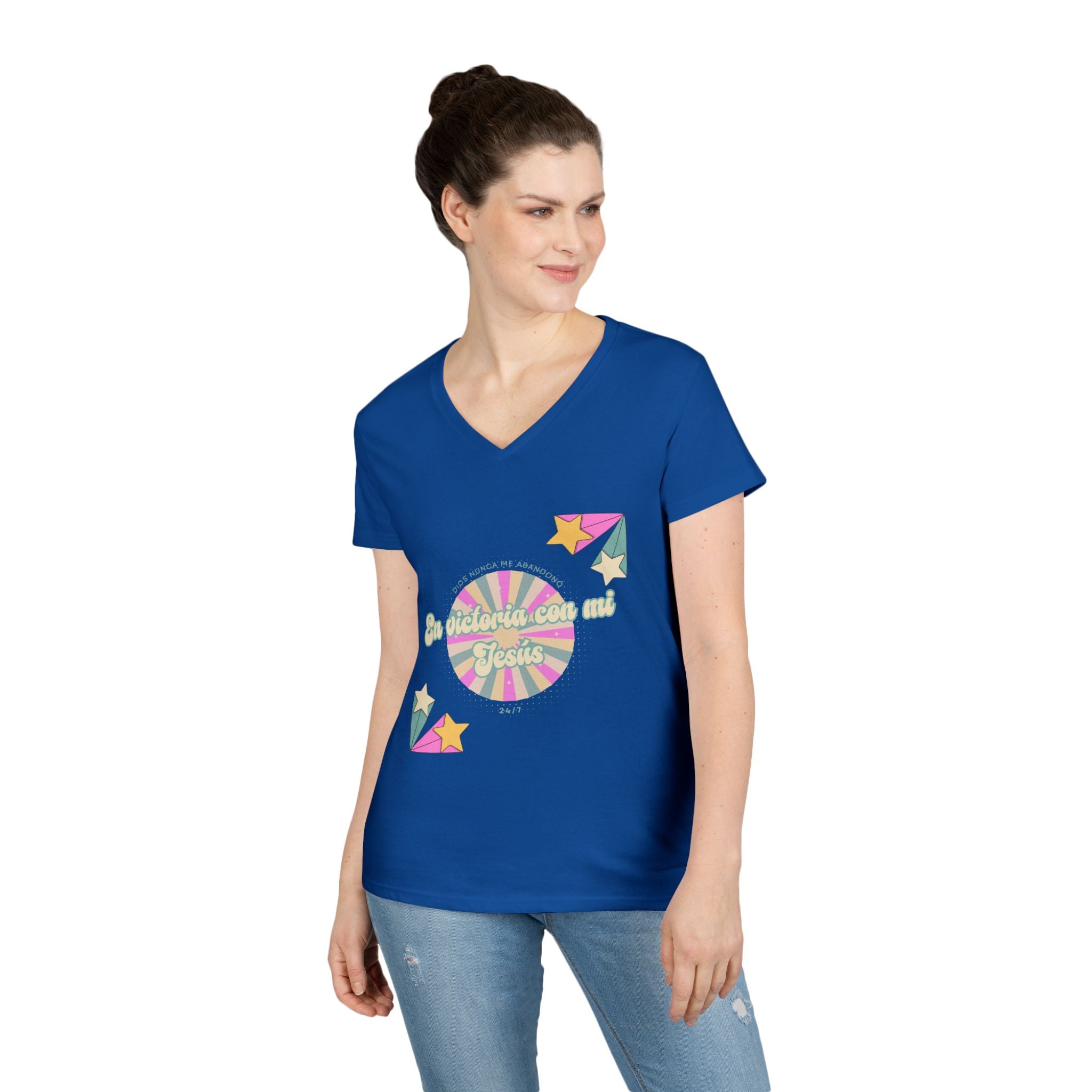 Camisa cuello V-Neck — "En victoria con mi Jesús" Para Mujeres