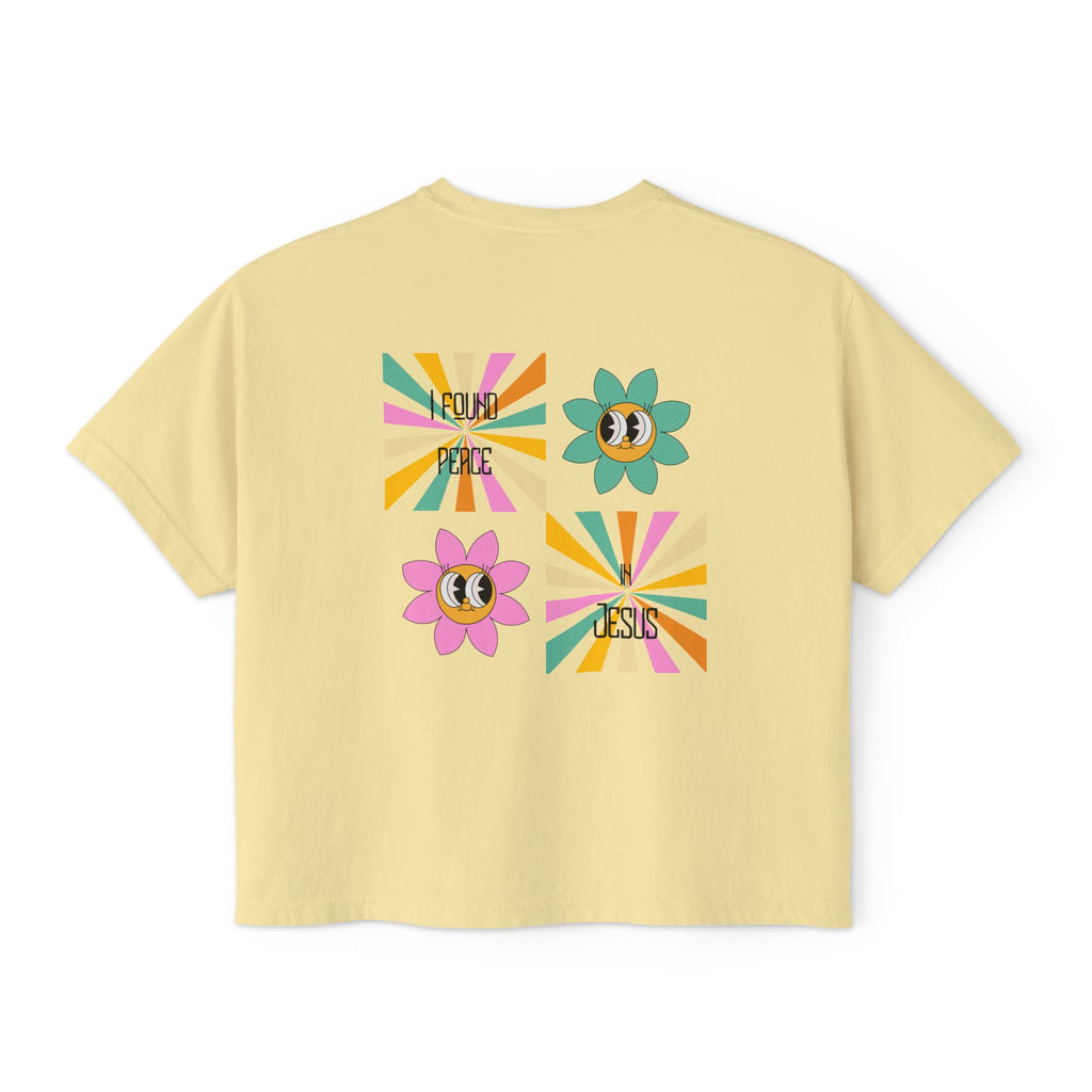 Retro "I found peace in Jesus" Boxy Tee — Woman's  Retro SqaureFlower Design
