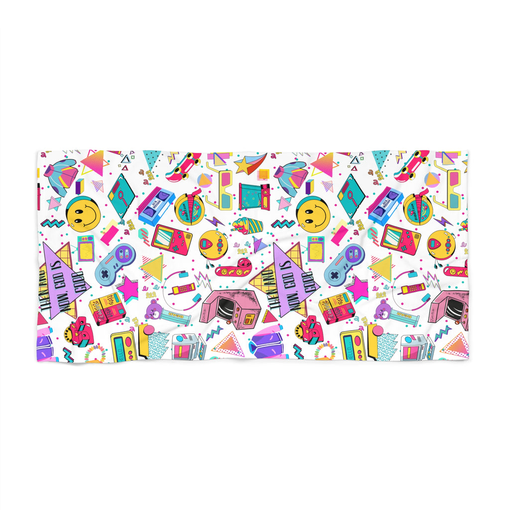 Retro 90s 'Then and now God is good' Beach Towel — Colorful Cassette, Smiley & Summer Icons
