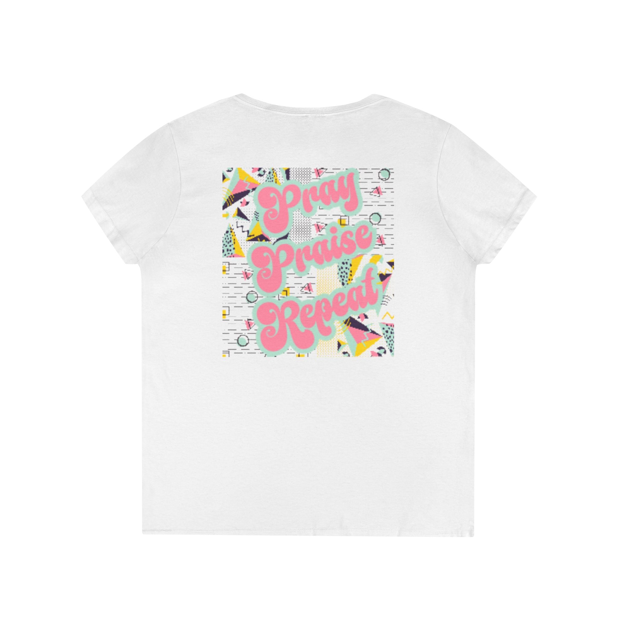 Ladies' V-Neck T-Shirt — "Pray Praise Repeat" Retro Shape Graphic