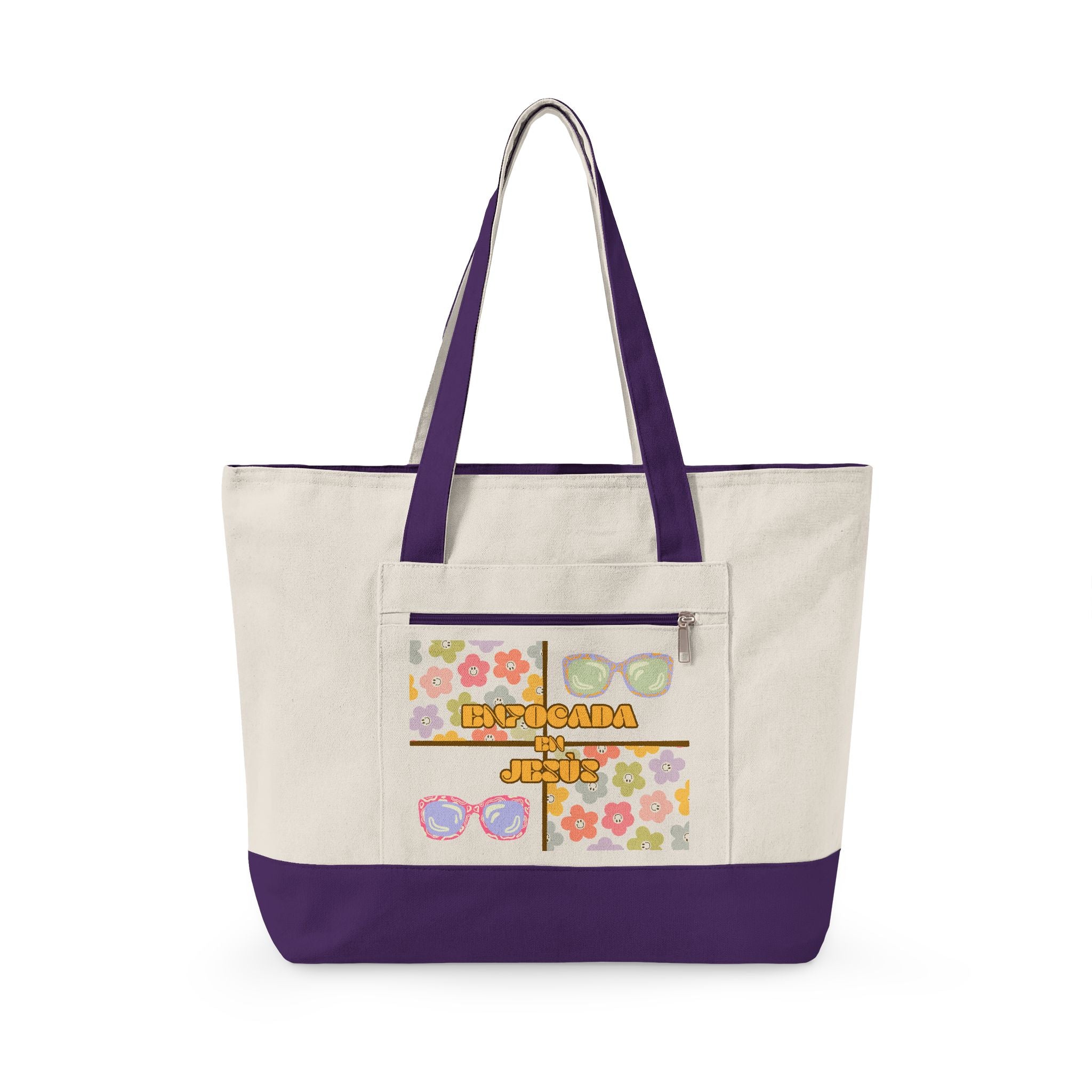 "Enfocada en Jesús" Canvas Tote - Retro Zippered Beach Bag