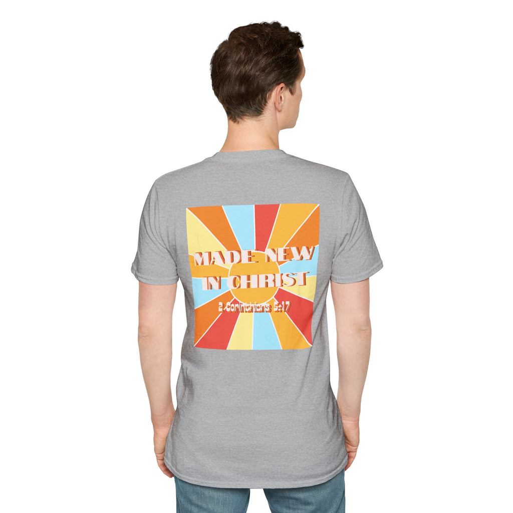 Men's Hello New Me Retro Tee — BACK: 2 Corinthians 5:17