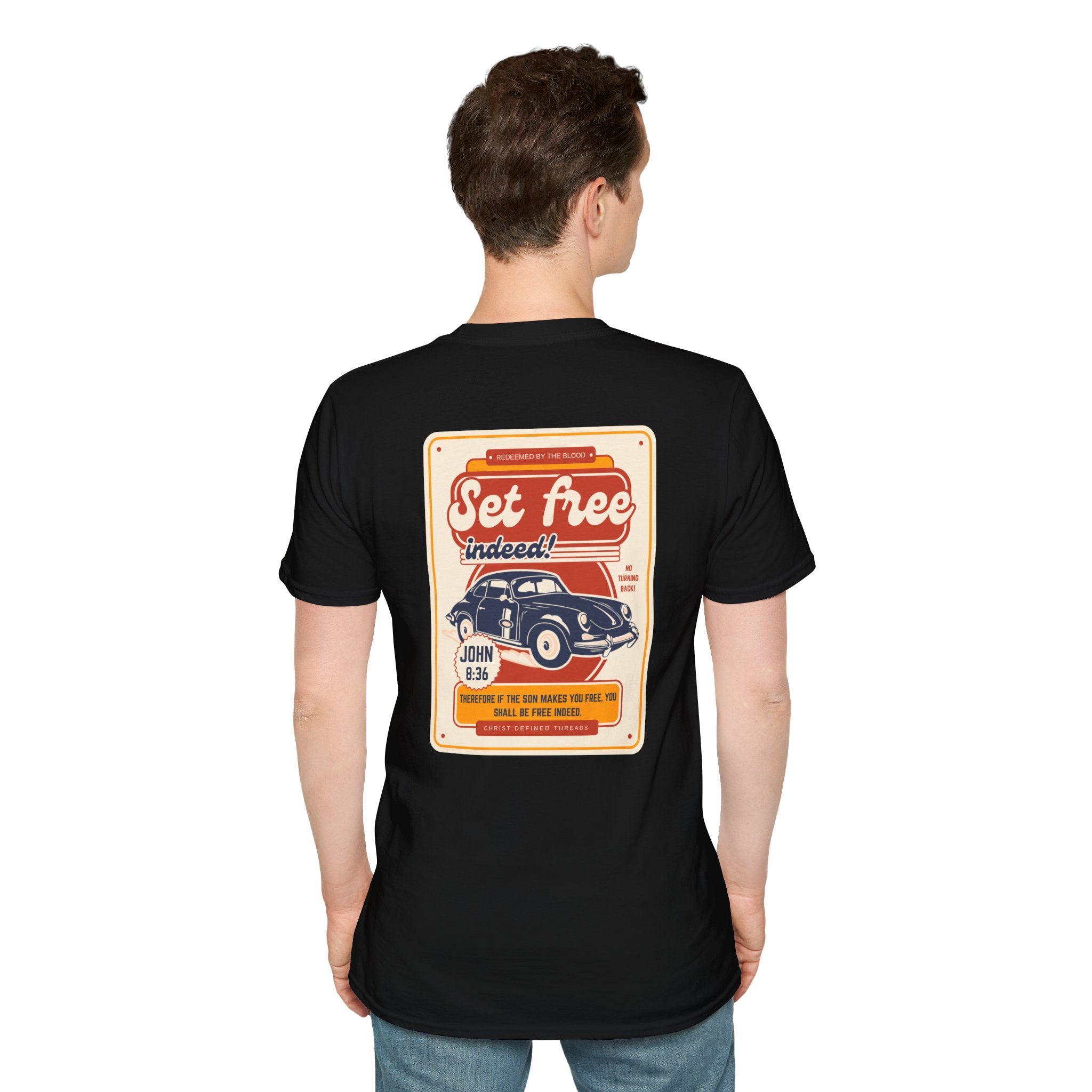Men's 'Set free Indeed' T‑Shirt — Retro Vintage Car Christian Faith Graphic Tee