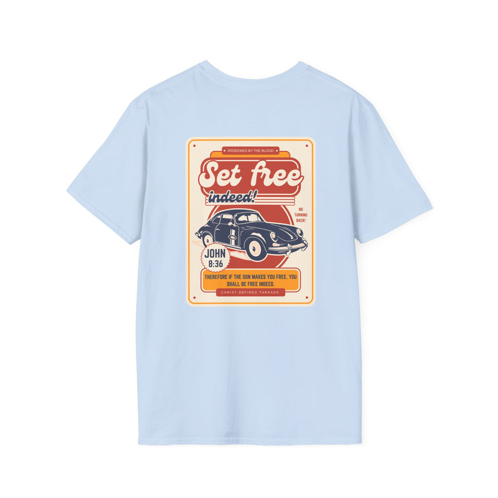 Men's 'Set free Indeed' T‑Shirt — Retro Vintage Car Christian Faith Graphic Tee