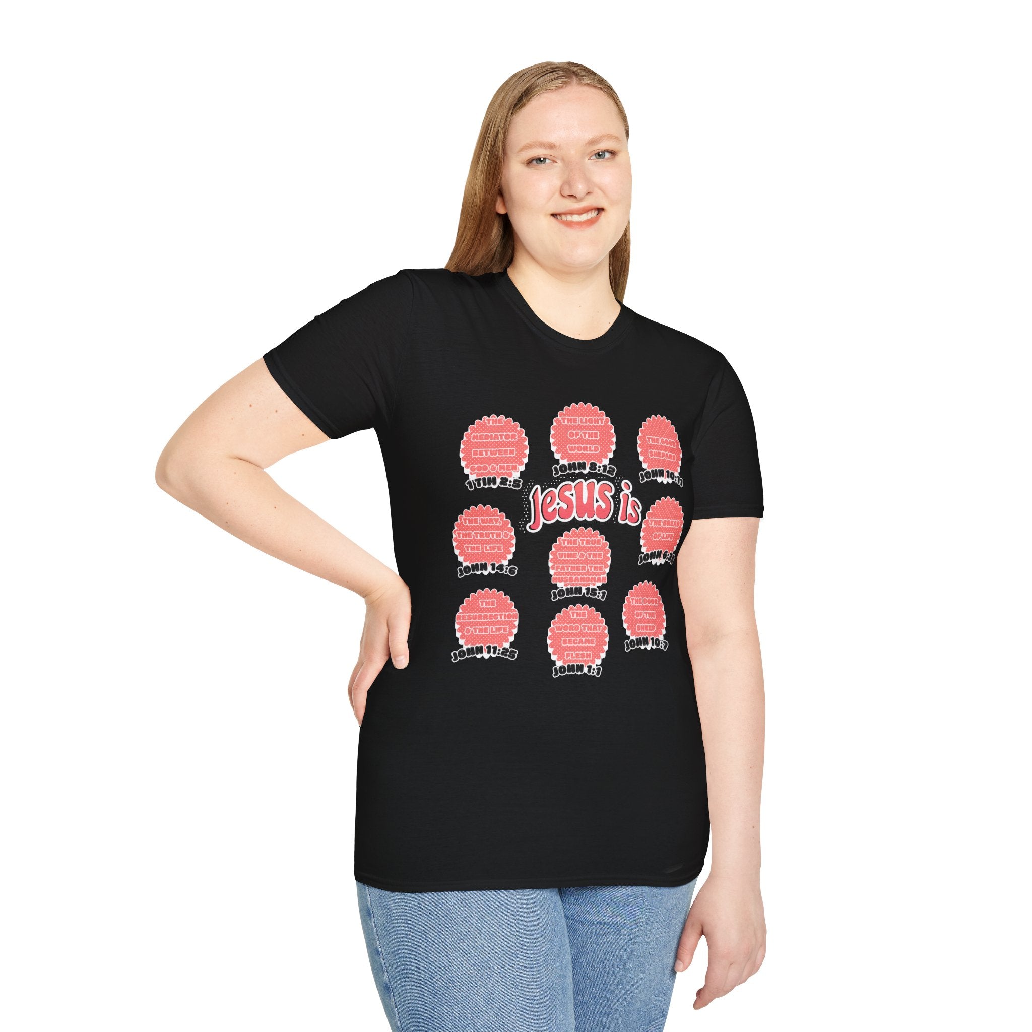 Women's 'Jesus is' T-Shirt — Inspirational Christian Scripture Tee (John 3:16, John 10:27)