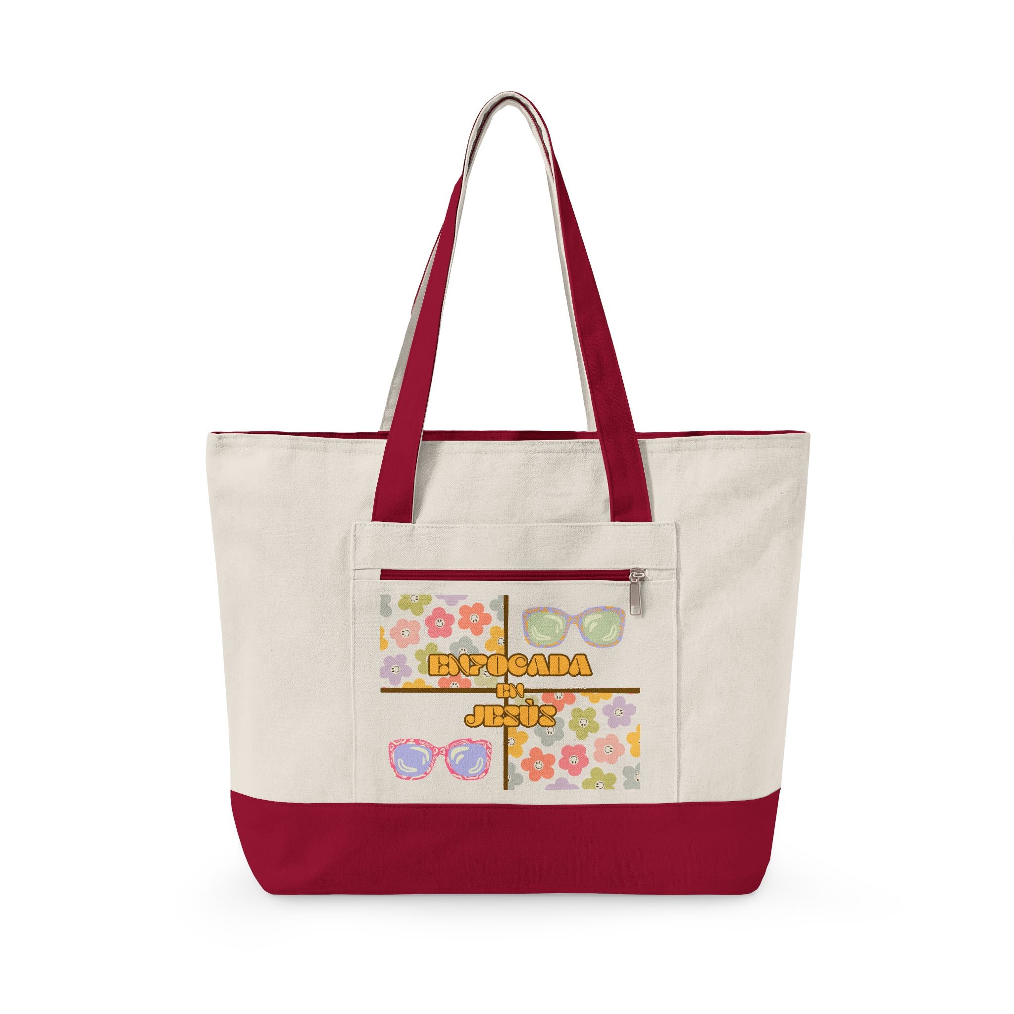 "Enfocada en Jesús" Canvas Tote - Retro Zippered Beach Bag