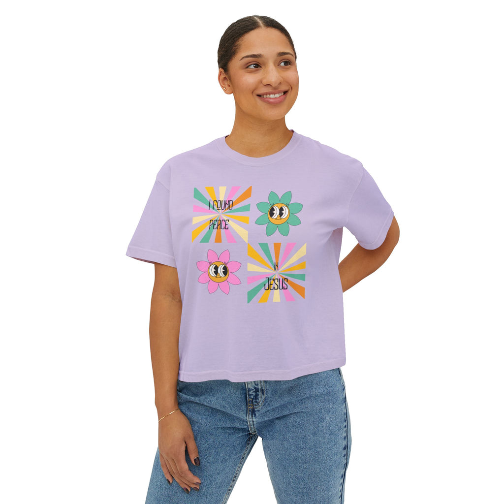 Retro "I found peace in Jesus" Boxy Tee — Woman's  Retro SqaureFlower Design