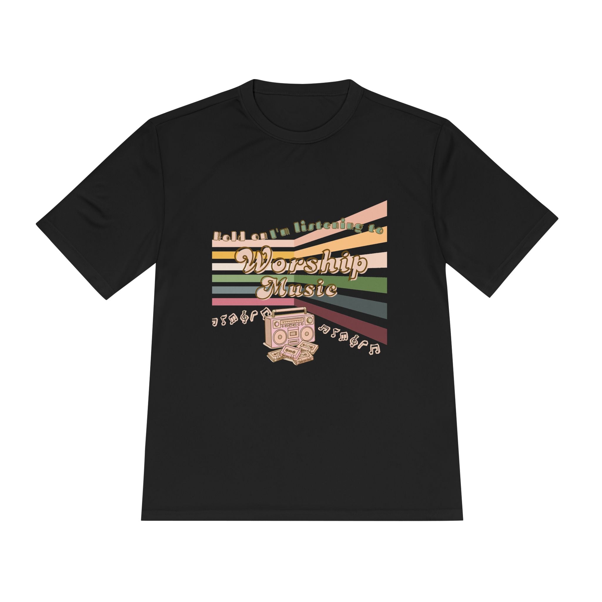 Women's Worship Music Moisture Wicking Tee — Retro Stripes & Speaker Graphic