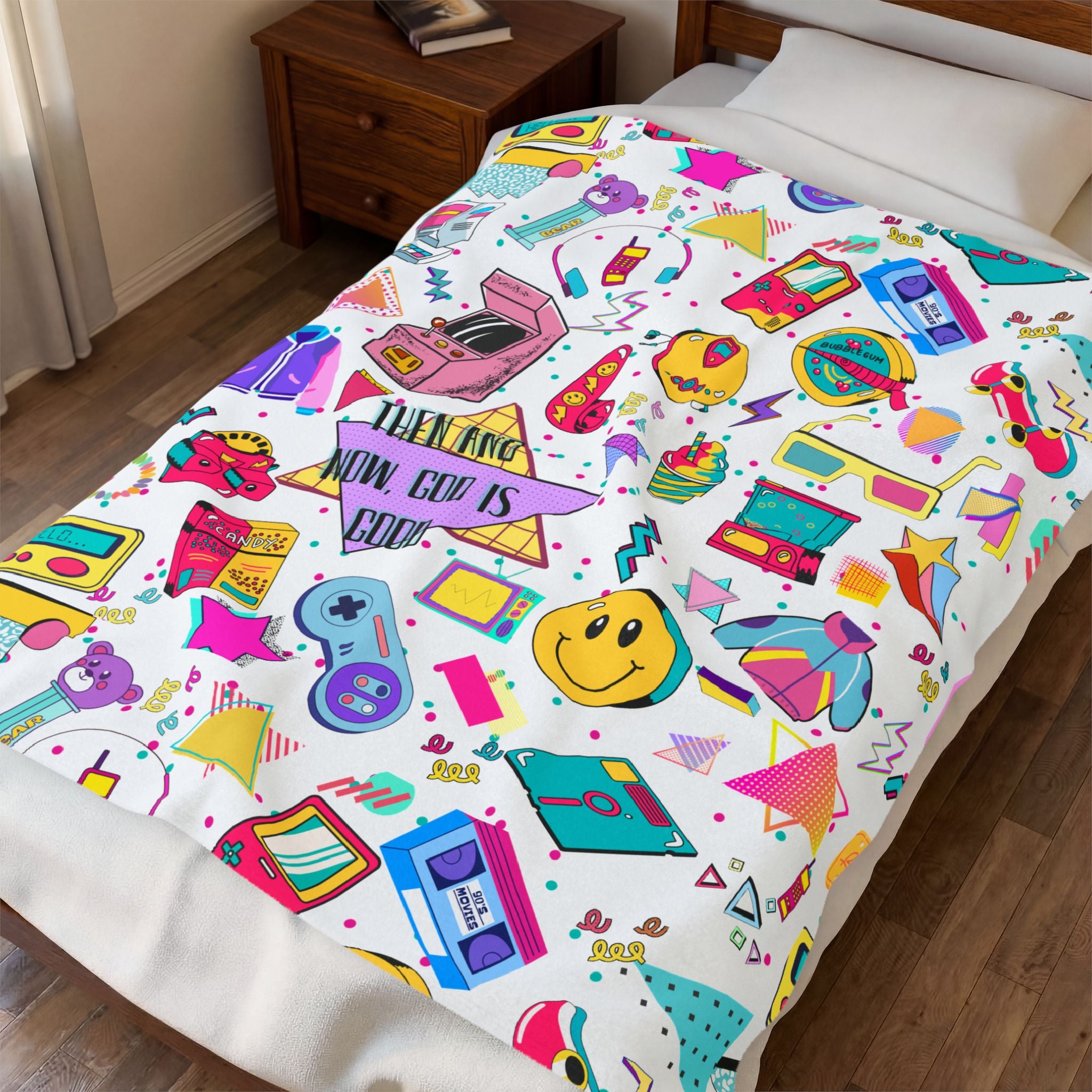 Retro 90s Nostalgia Velveteen Plush Blanket — 'Then and now, God is good' Throw