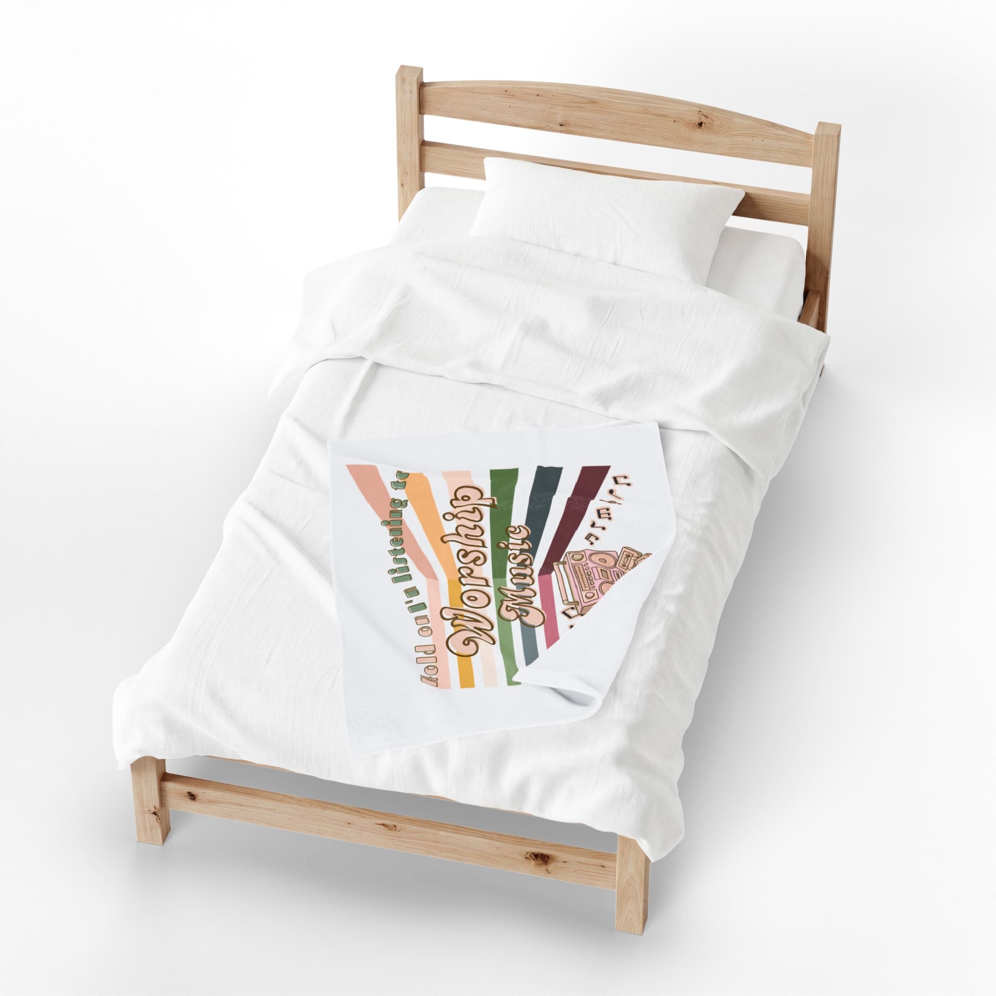 'Hold on, I'm listening to worship Music' Velveteen Plush Blanket – Retro Boombox & Rainbow Stripes