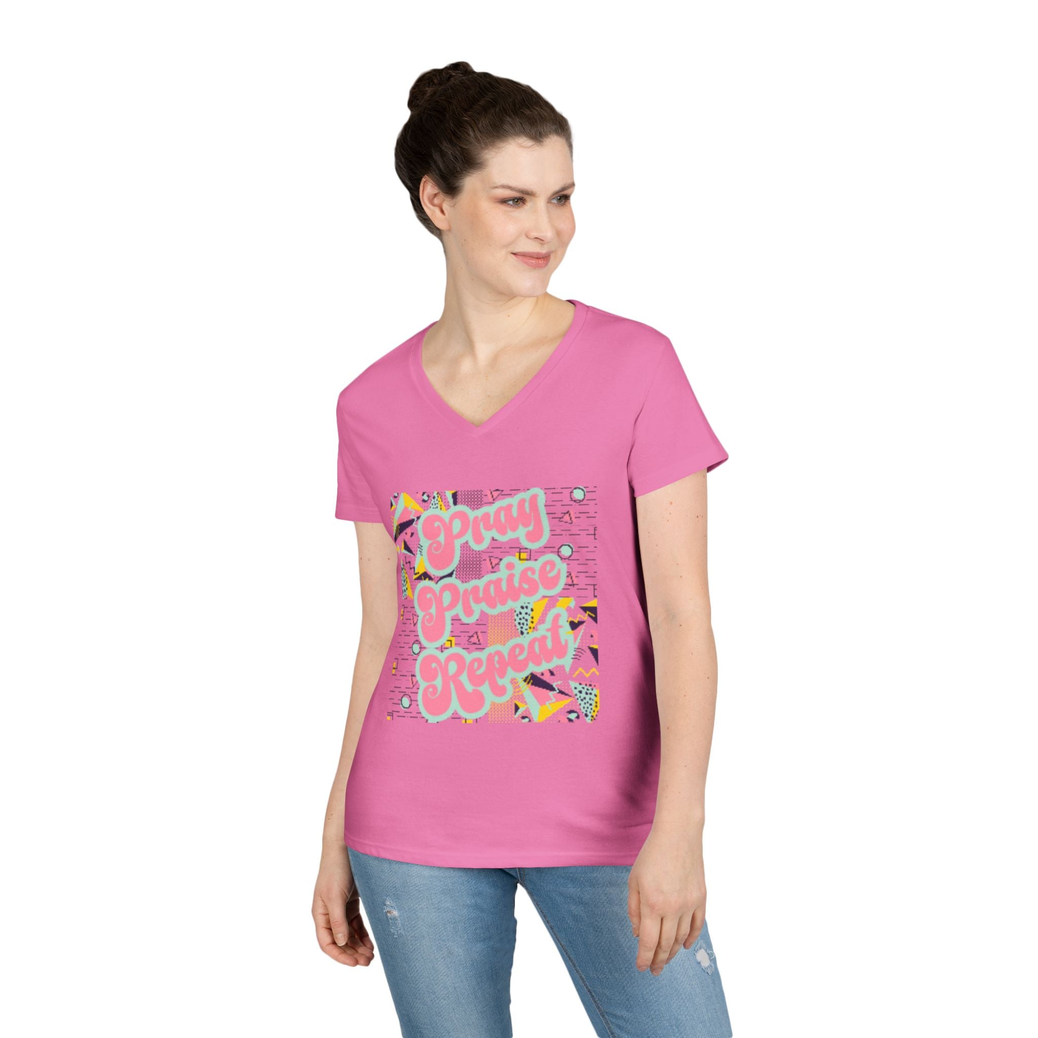 Ladies' V-Neck T-Shirt — "Pray Praise Repeat" Retro Shape Graphic