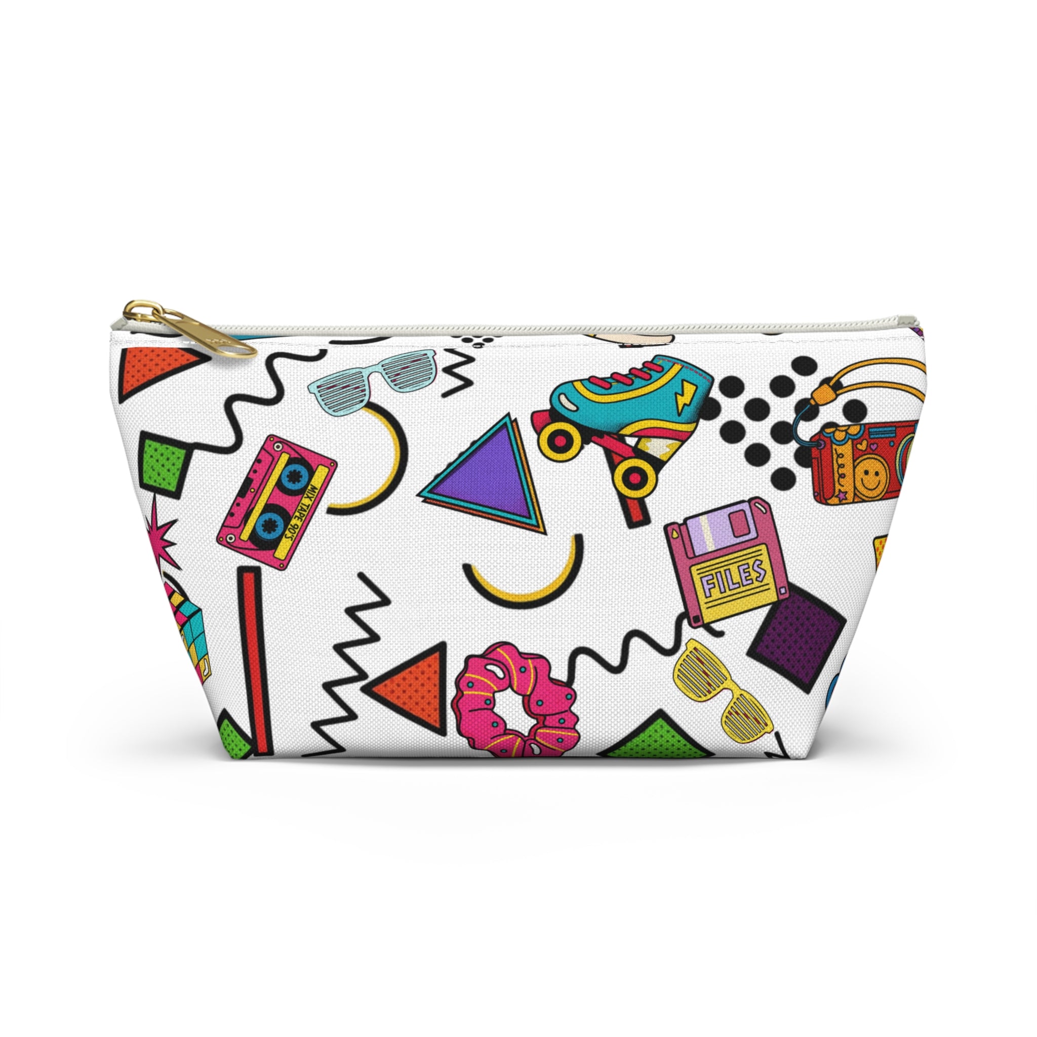 Retro 90s Pattern Accessory Pouch — Roller Skates, Cassette & Neon Shapes