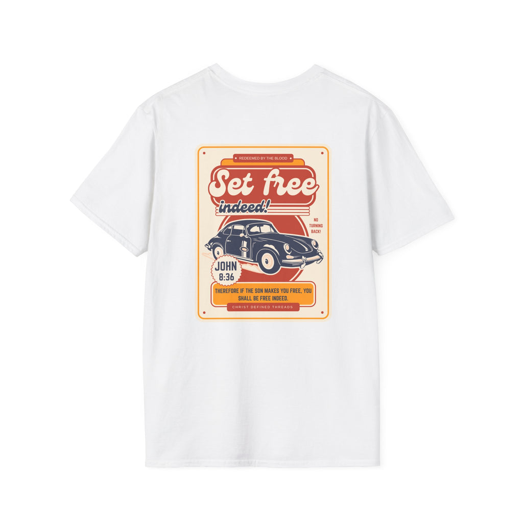Men's 'Set free Indeed' T‑Shirt — Retro Vintage Car Christian Faith Graphic Tee