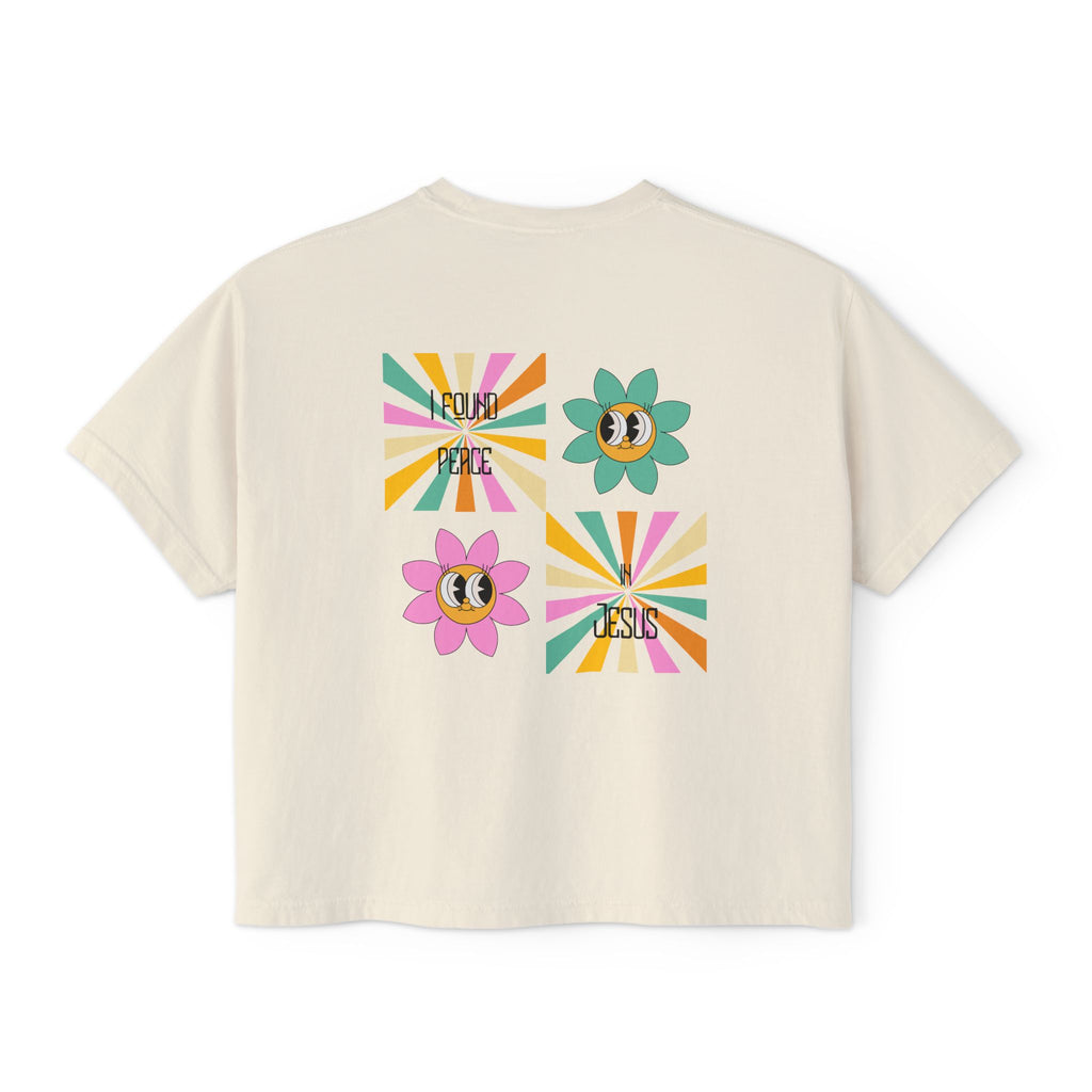 Retro "I found peace in Jesus" Boxy Tee — Woman's  Retro SqaureFlower Design