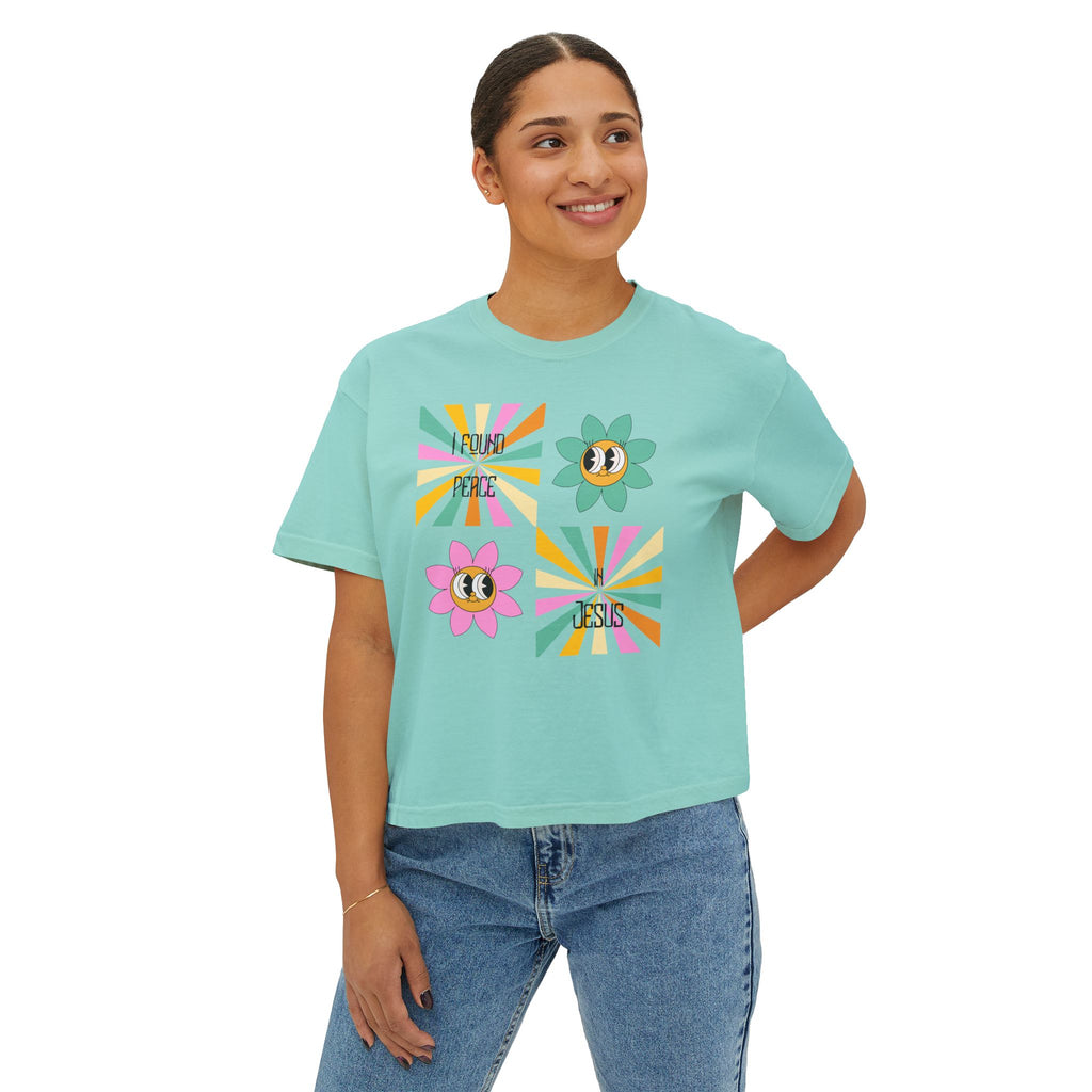 Retro "I found peace in Jesus" Boxy Tee — Woman's  Retro SqaureFlower Design