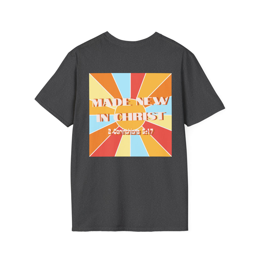 Men's Hello New Me Retro Tee — BACK: 2 Corinthians 5:17
