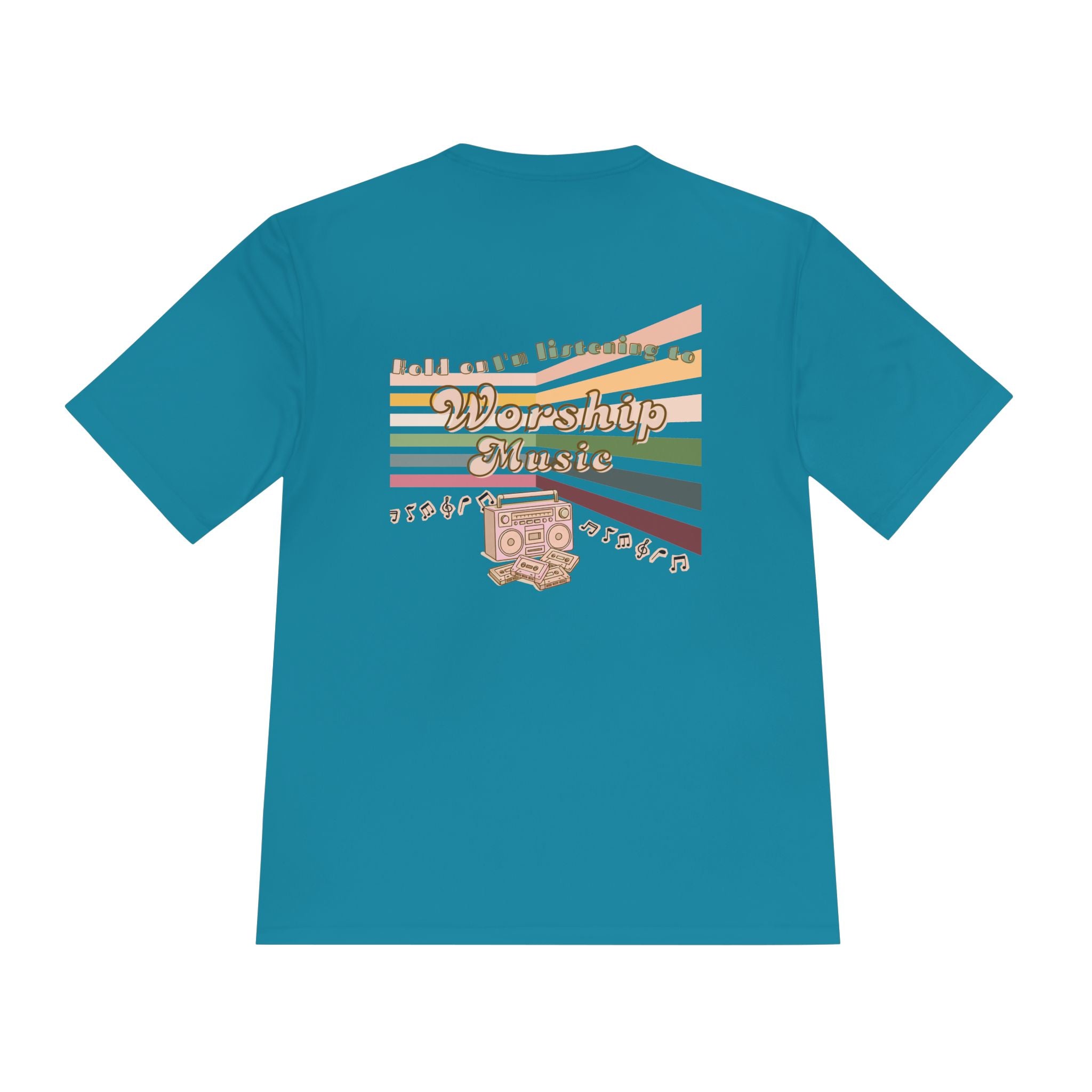 Women's Worship Music Moisture Wicking Tee — Retro Stripes & Speaker Graphic