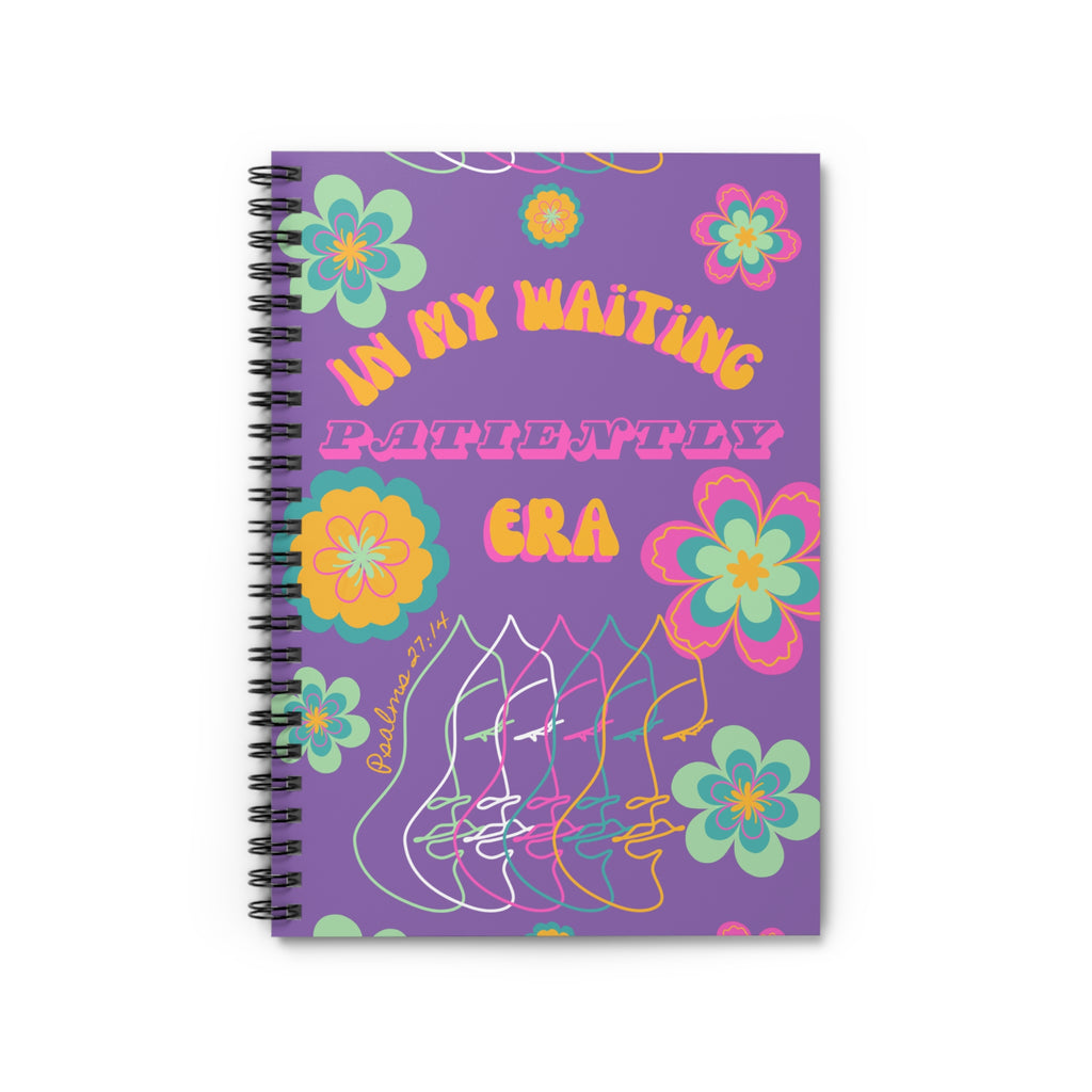 Retro Floral 'In My Waiting Patiently Era' Spiral Notebook — Purple Ruled Journal