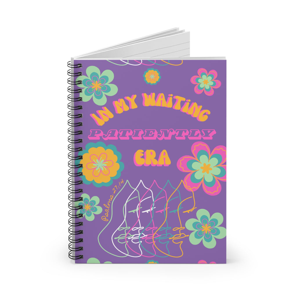Retro Floral 'In My Waiting Patiently Era' Spiral Notebook — Purple Ruled Journal