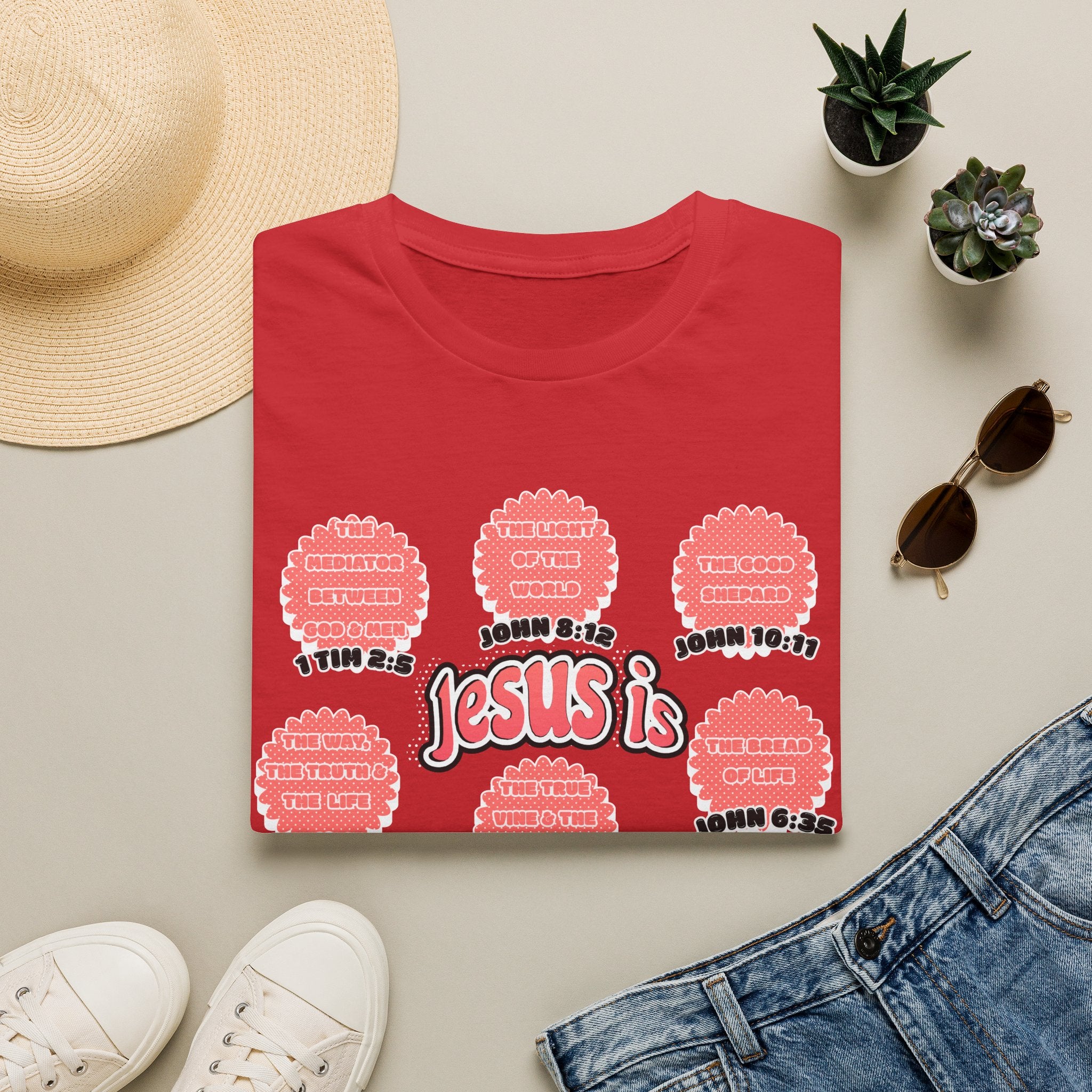 Women's 'Jesus is' T-Shirt — Inspirational Christian Scripture Tee (John 3:16, John 10:27)