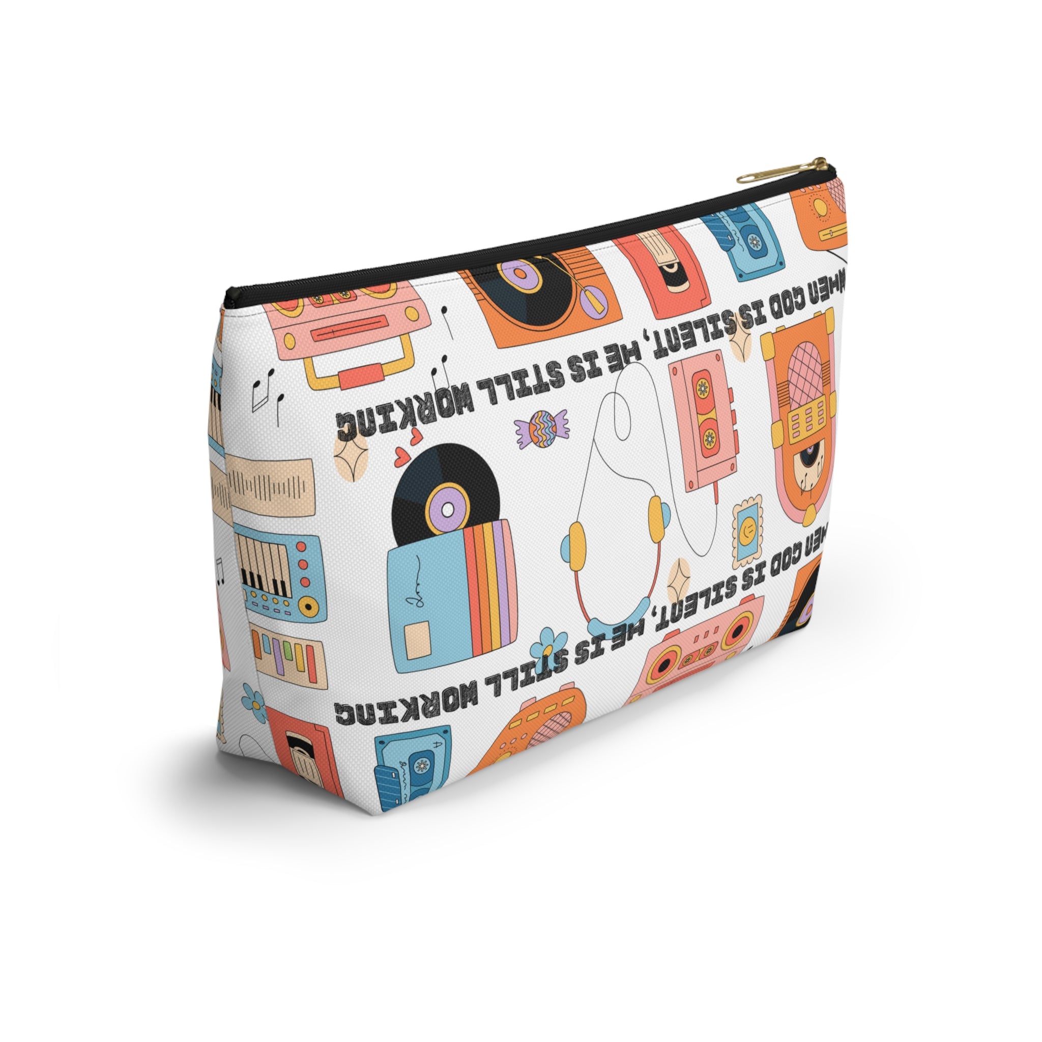 Retro Music Accessory Pouch — "When God Is Silent, He Is Still Working" T-Bottom Bag