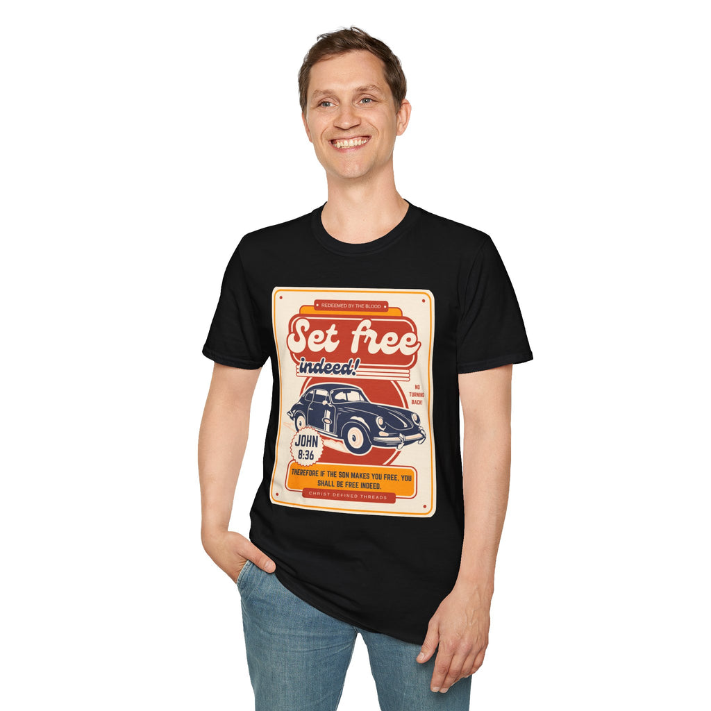 Men's 'Set free Indeed' T‑Shirt — Retro Vintage Car Christian Faith Graphic Tee
