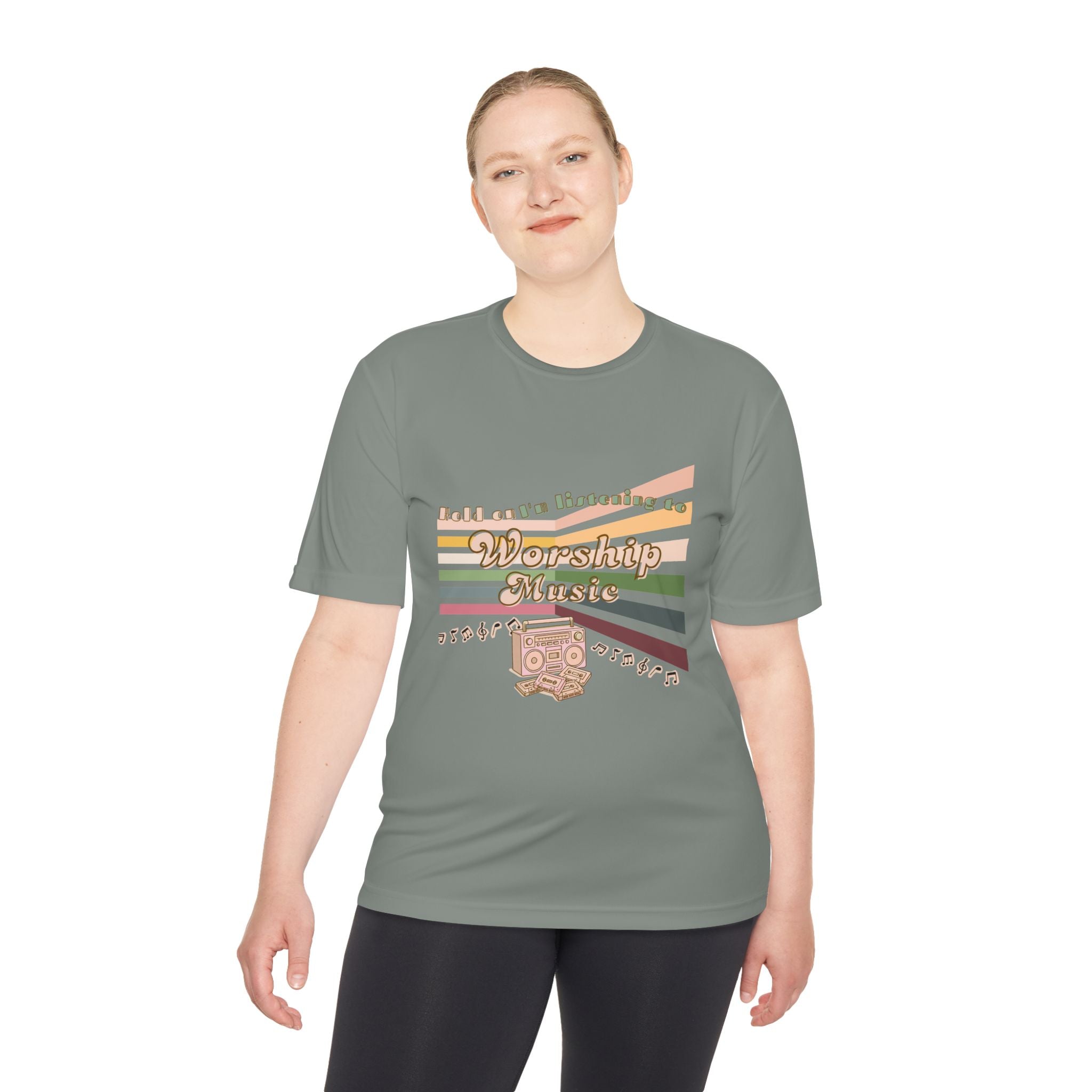 Women's Worship Music Moisture Wicking Tee — Retro Stripes & Speaker Graphic