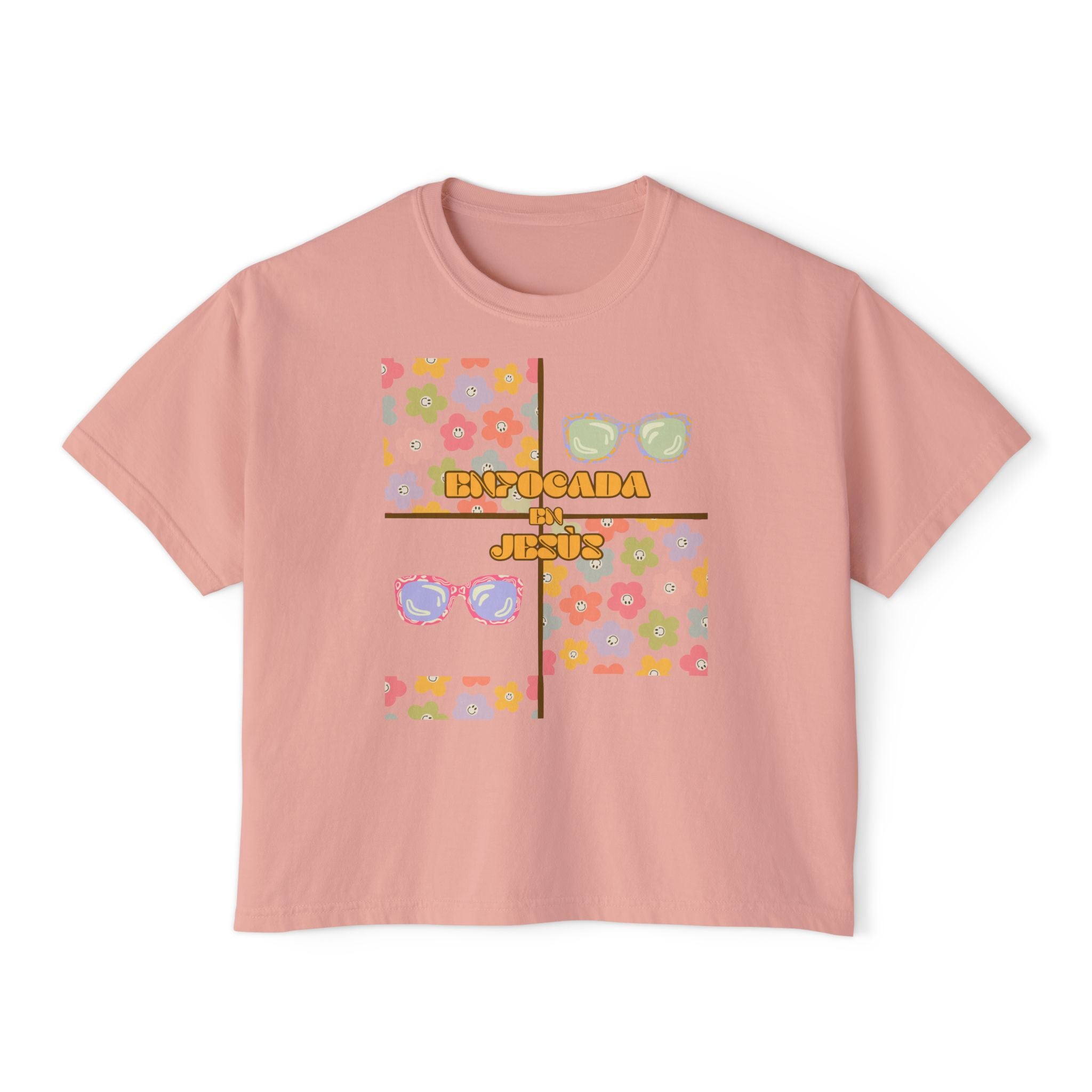 Retro Spanish Sunglasses Boxy Tee — 'Enfocada en Jesús' Graphic Top