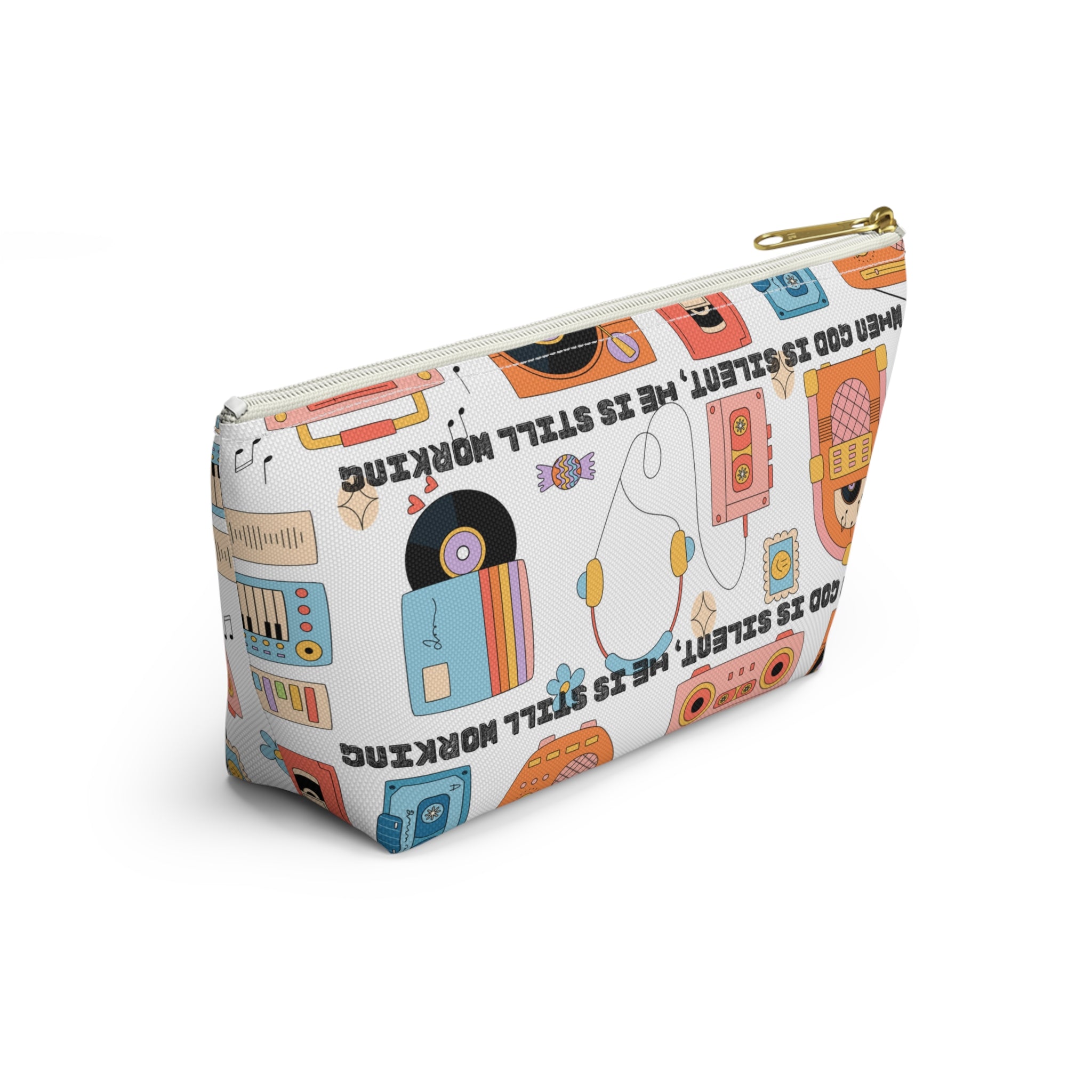 Retro Music Accessory Pouch — "When God Is Silent, He Is Still Working" T-Bottom Bag