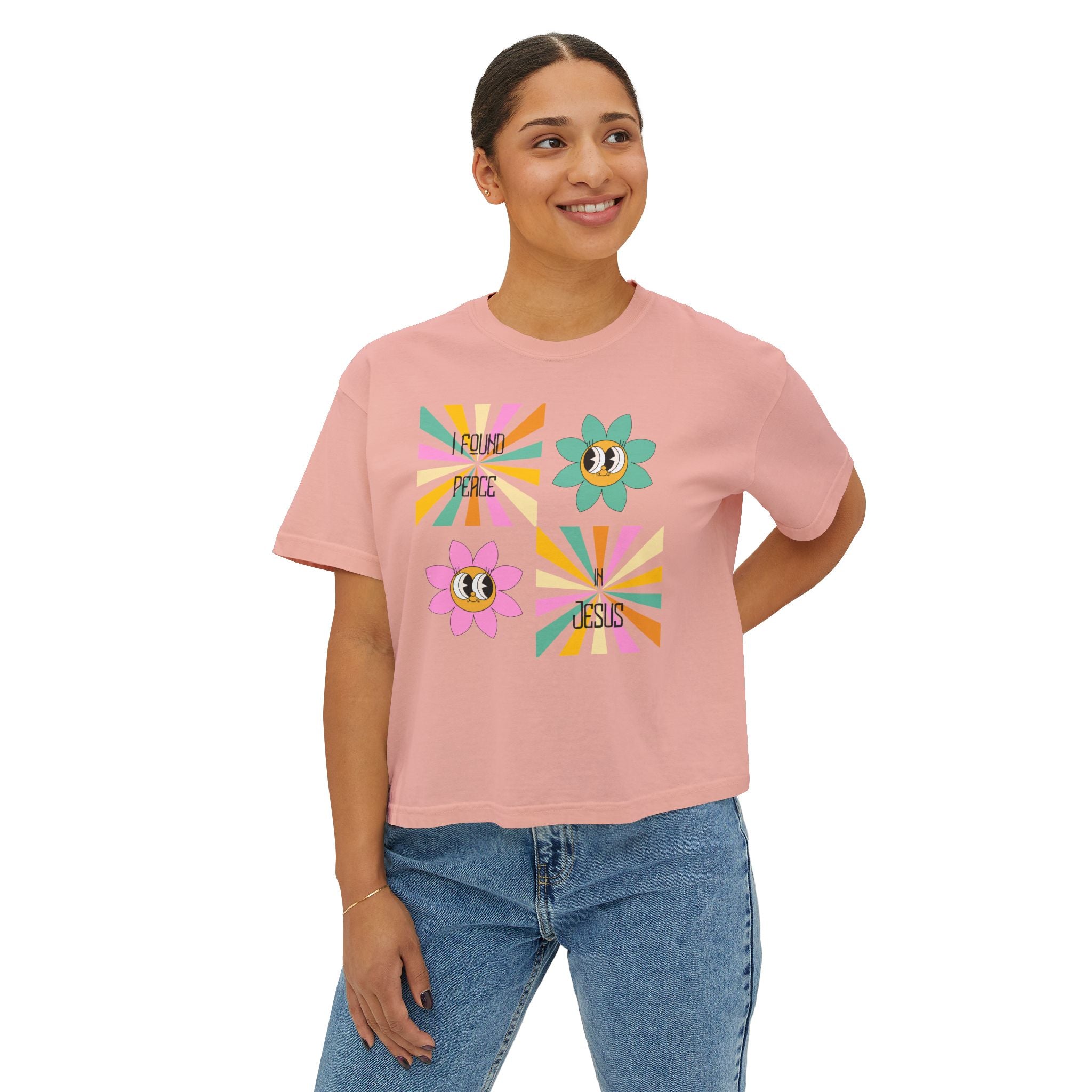 Retro "I found peace in Jesus" Boxy Tee — Woman's  Retro SqaureFlower Design