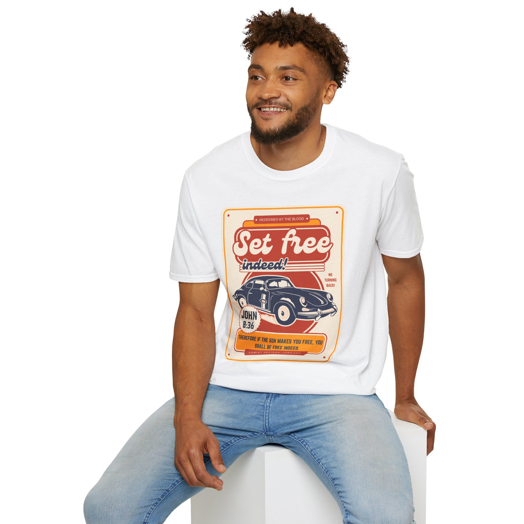 Men's 'Set free Indeed' T‑Shirt — Retro Vintage Car Christian Faith Graphic Tee