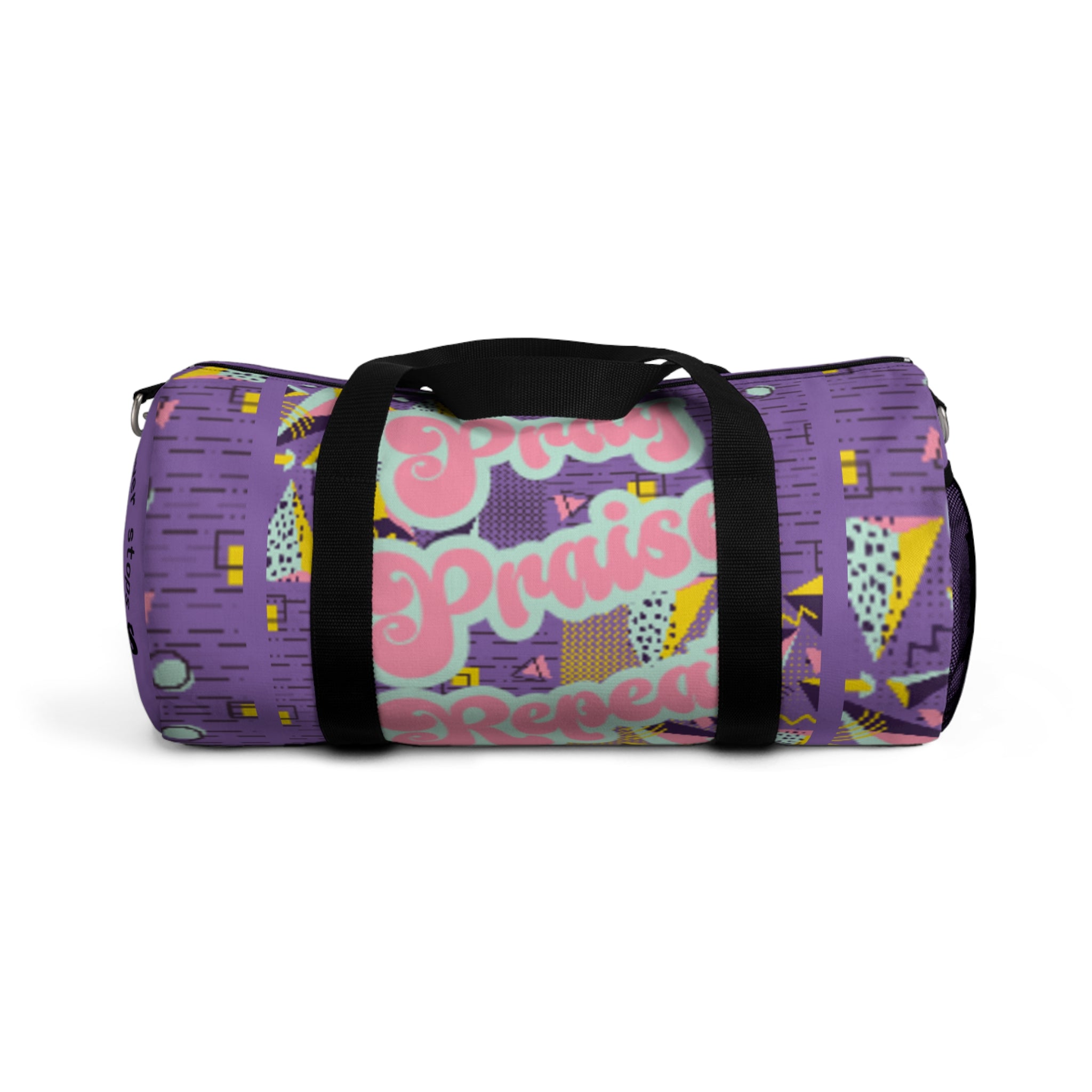 Duffel Bag — Retro Purple "Pray, Praise, Repeat" Gym Travel Bag