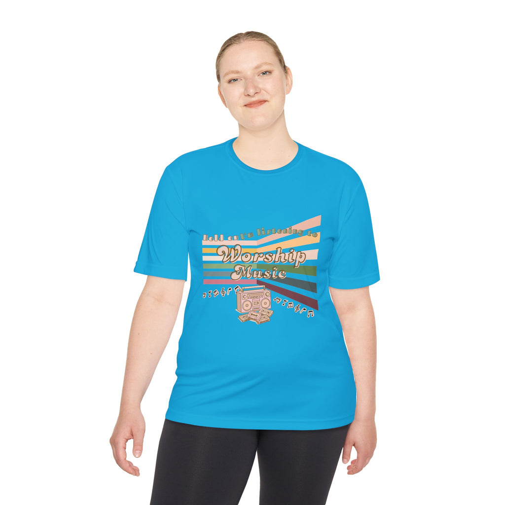 Women's Worship Music Moisture Wicking Tee — Retro Stripes & Speaker Graphic