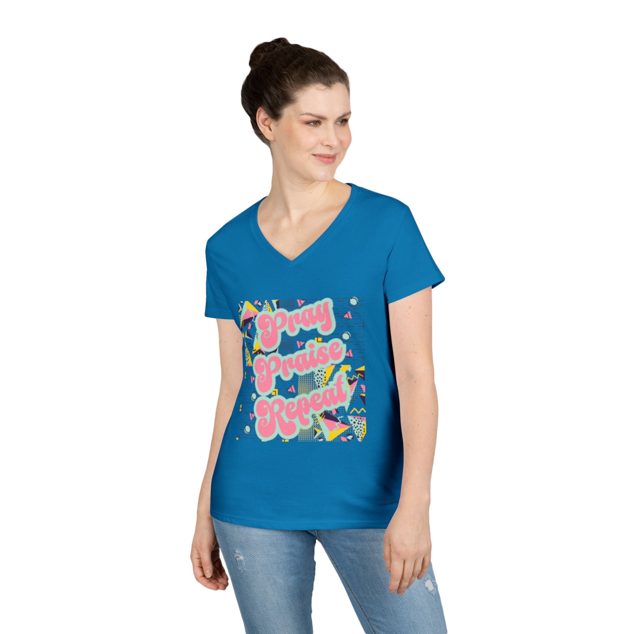 Ladies' V-Neck T-Shirt — "Pray Praise Repeat" Retro Shape Graphic