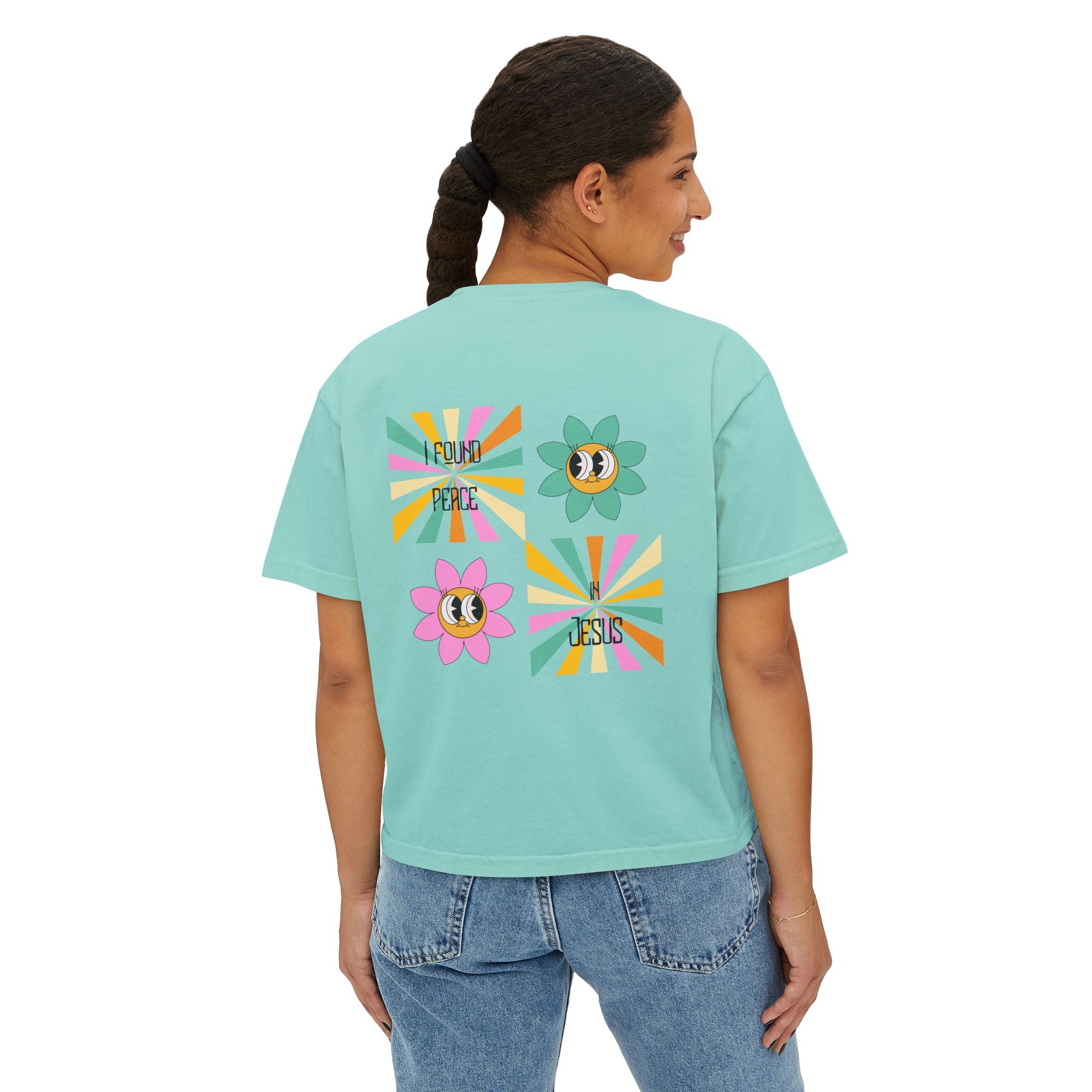 Retro "I found peace in Jesus" Boxy Tee — Woman's  Retro SqaureFlower Design