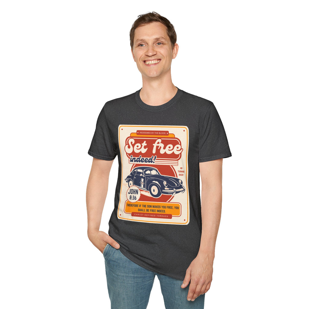 Men's 'Set free Indeed' T‑Shirt — Retro Vintage Car Christian Faith Graphic Tee