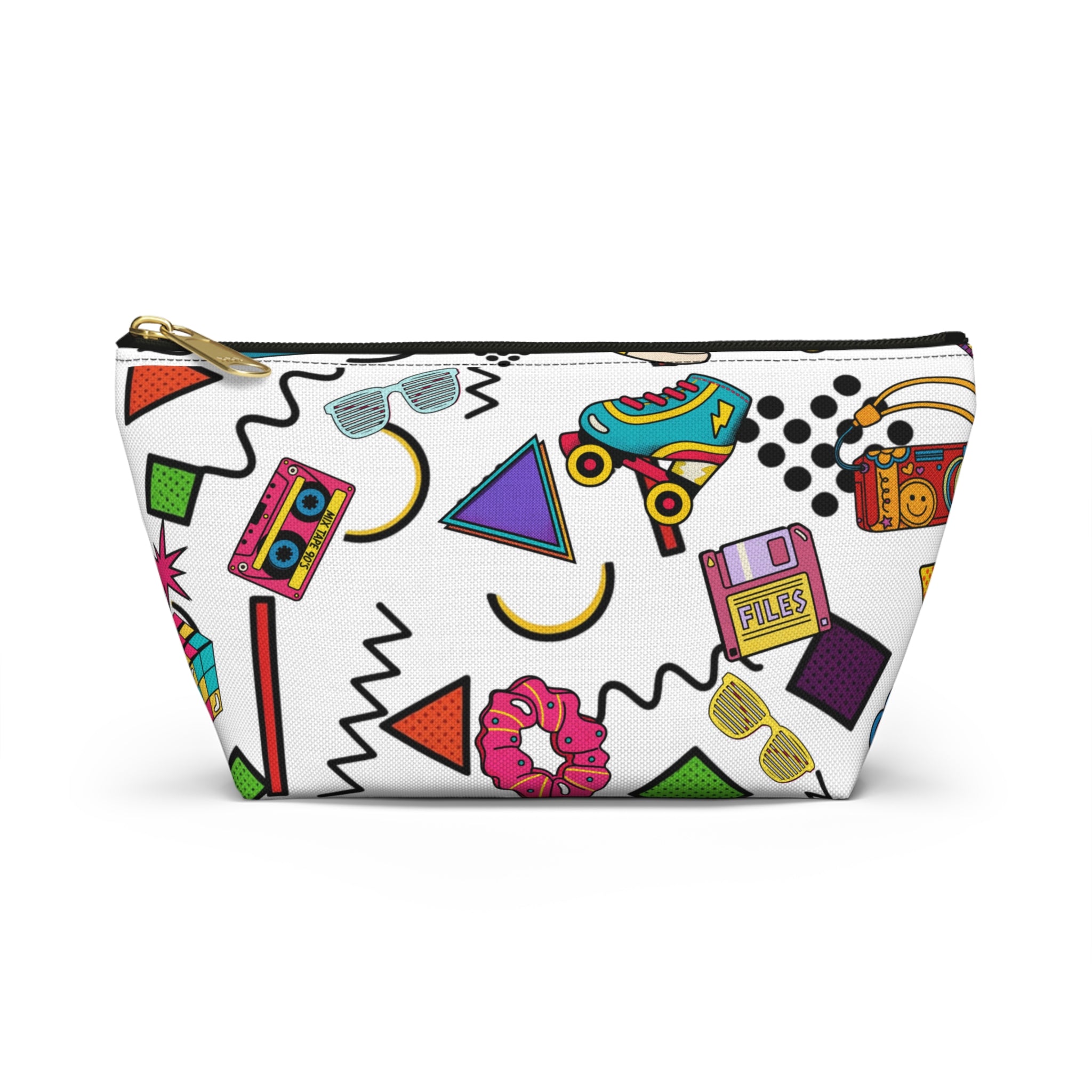 Retro 90s Pattern Accessory Pouch — Roller Skates, Cassette & Neon Shapes