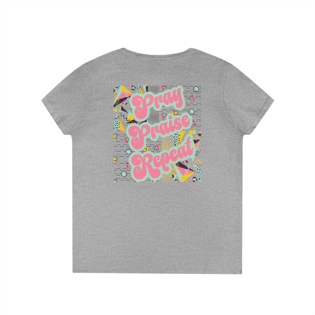 Ladies' V-Neck T-Shirt — "Pray Praise Repeat" Retro Shape Graphic