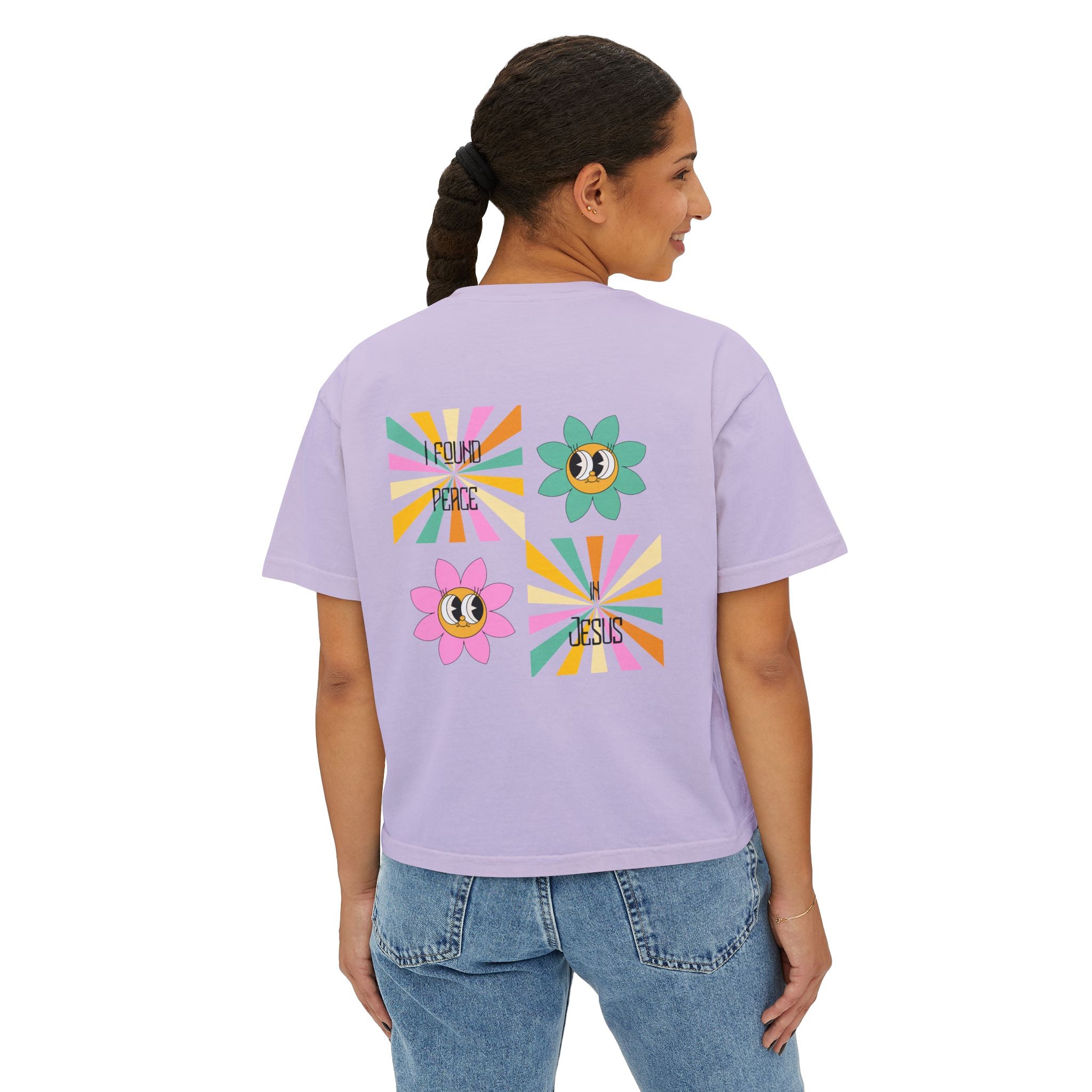 Retro "I found peace in Jesus" Boxy Tee — Woman's  Retro SqaureFlower Design