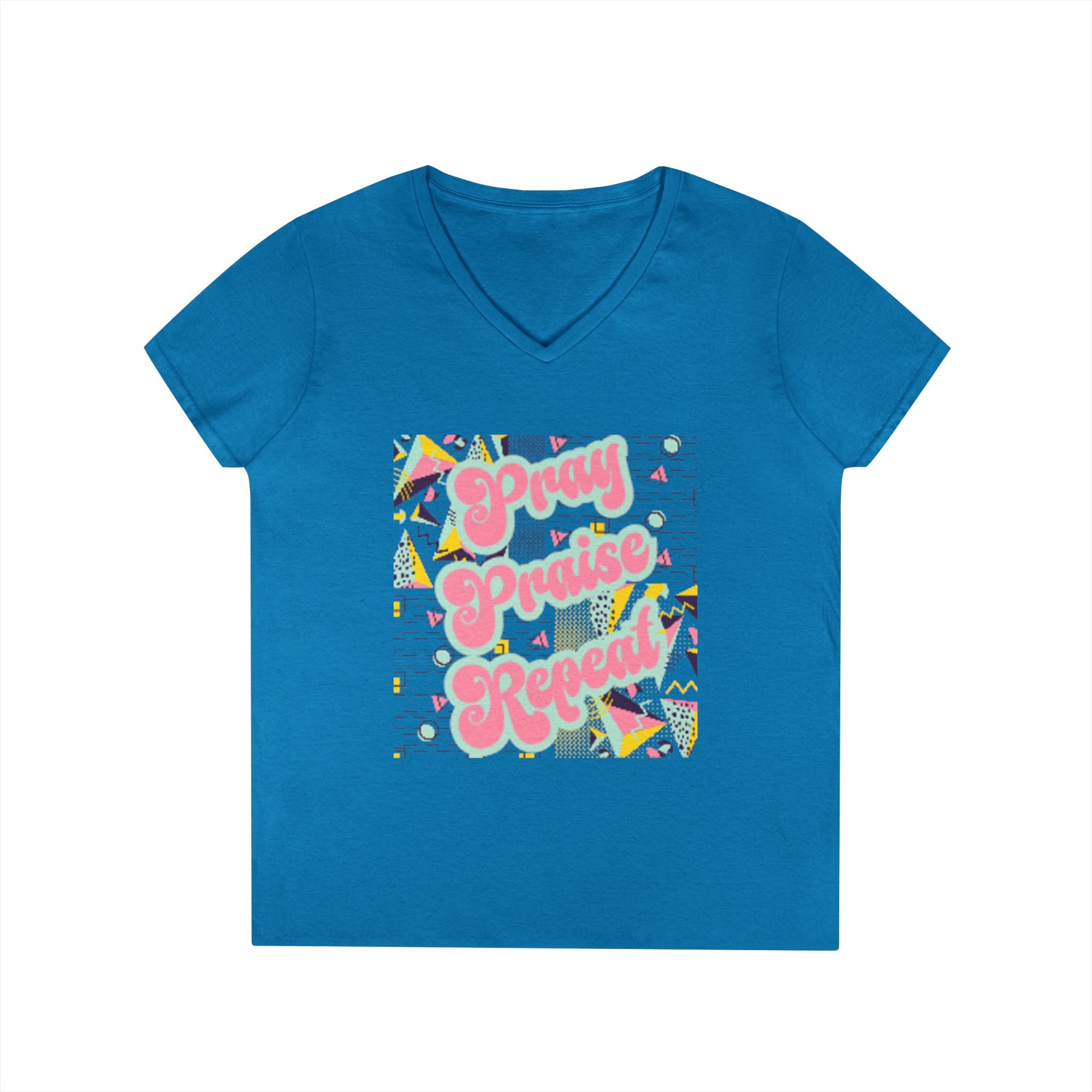 Ladies' V-Neck T-Shirt — "Pray Praise Repeat" Retro Shape Graphic