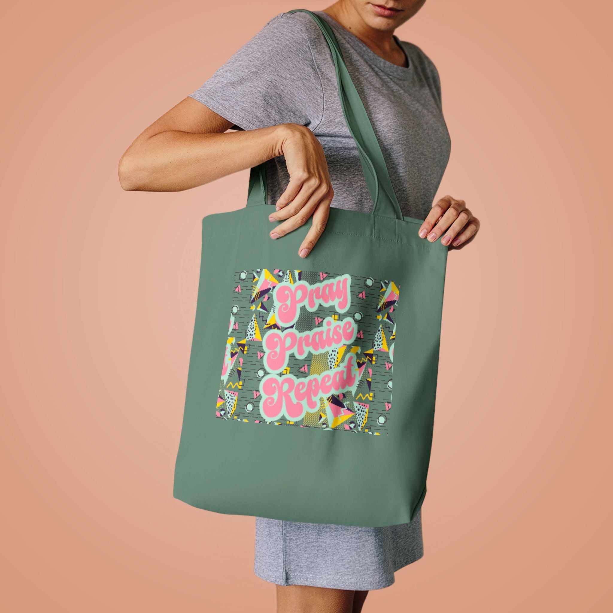 Cotton Tote — "Pray, Praise, Repeat" Colorful Faith Graphic Tote Bag
