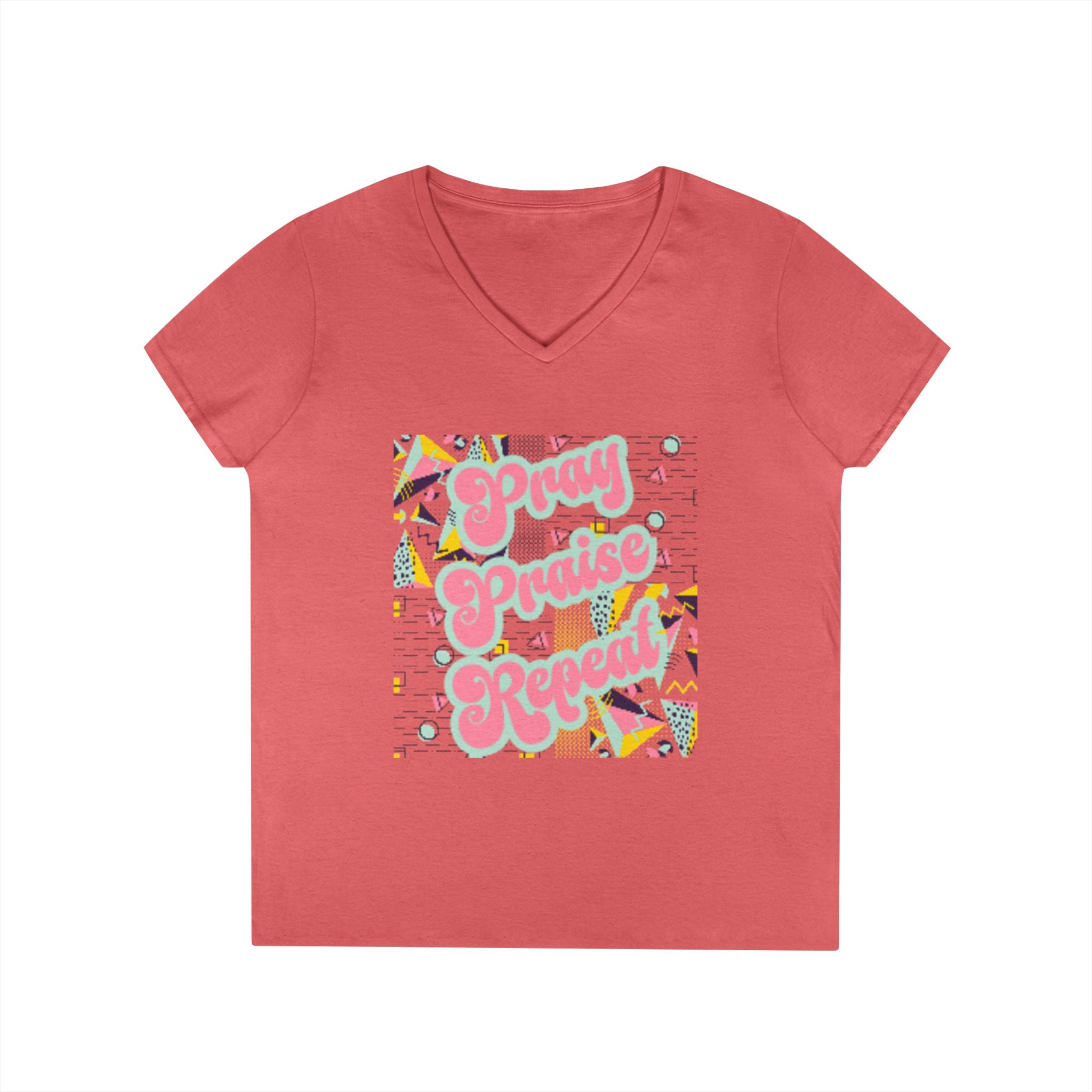 Ladies' V-Neck T-Shirt — "Pray Praise Repeat" Retro Shape Graphic