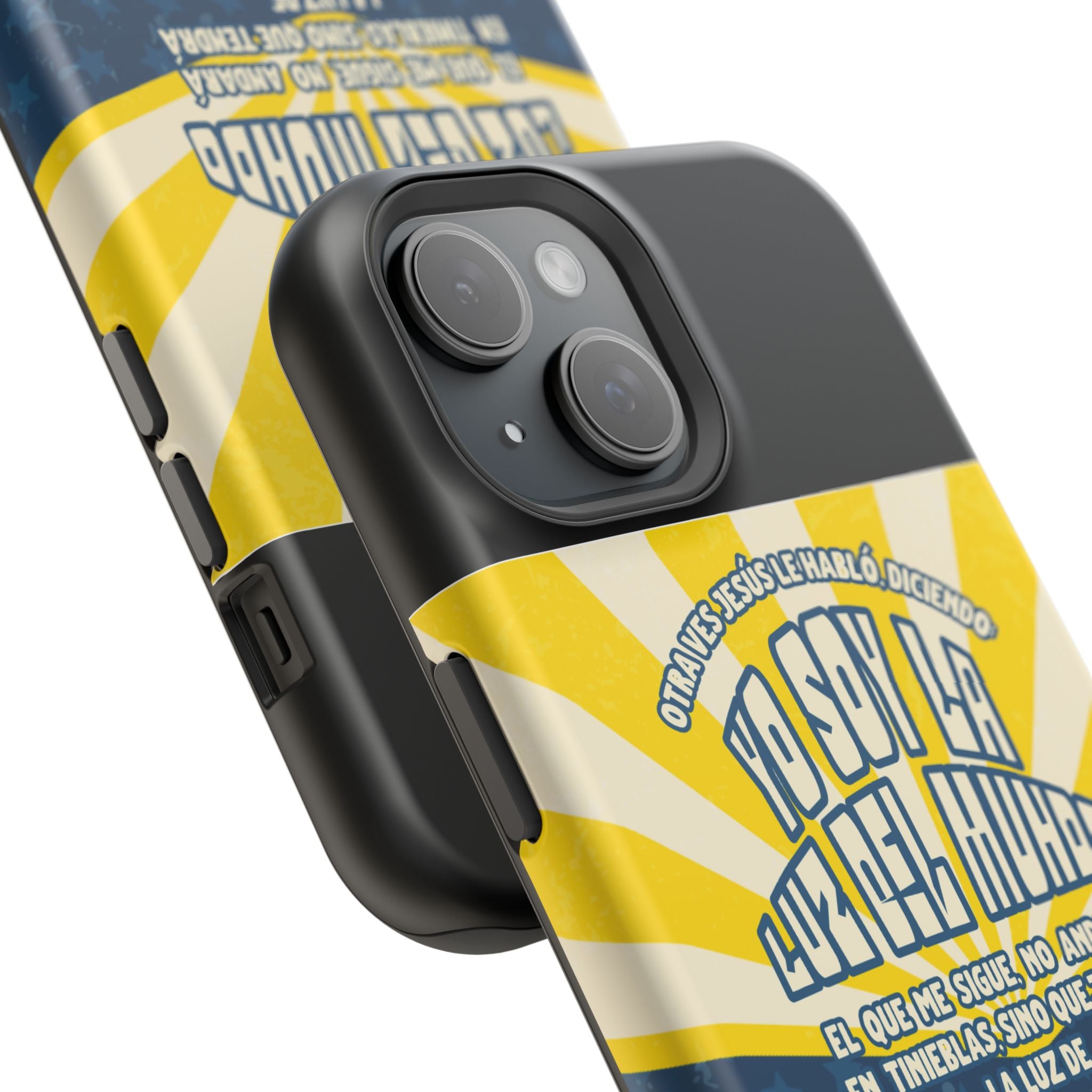 "Yo soy la luz del mundo" protección para telefono (Juan 8:12)— Para hombres- Magnético y resistente al impacto