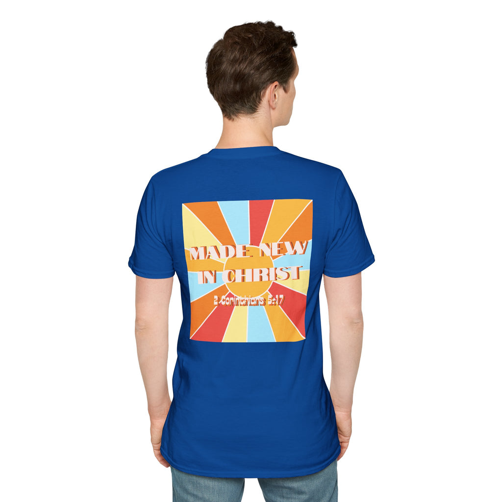 Men's Hello New Me Retro Tee — BACK: 2 Corinthians 5:17